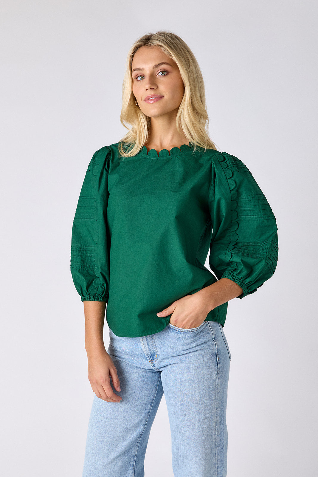 Shadow Pine top with scallop trim on model — CROSBY by Mollie Burch