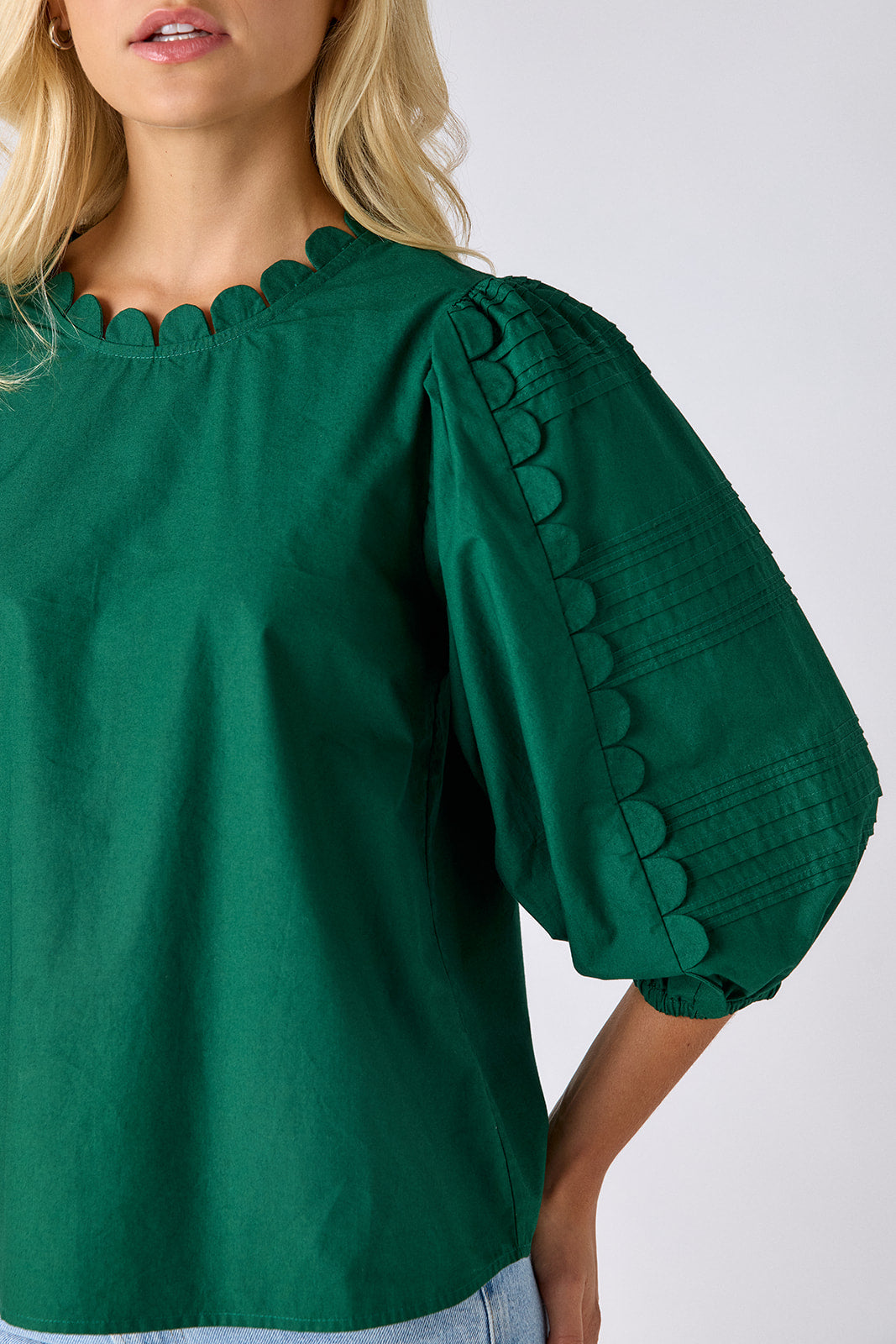 Shadow Pine top with scallop trim on model — CROSBY by Mollie Burch