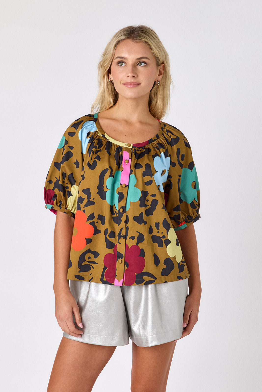 Happy Leopard button front top with balloon sleeves with Silver short on model — CROSBY by Mollie Burch