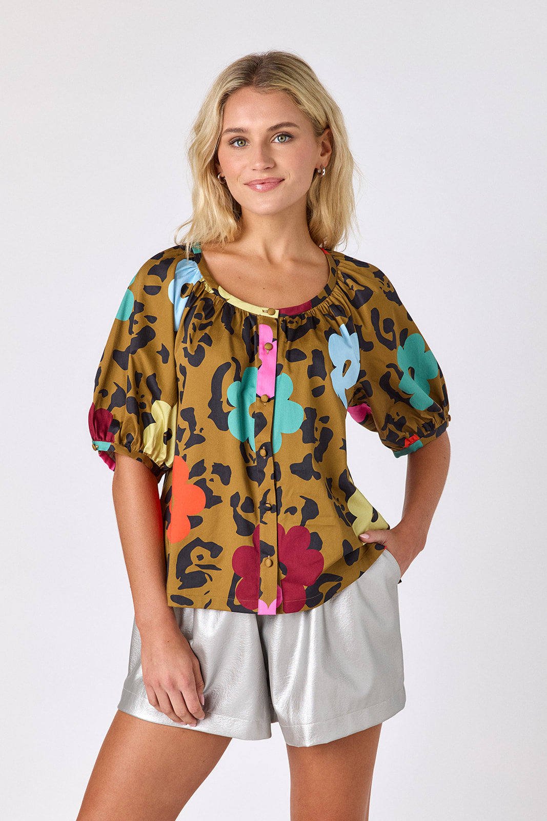 Happy Leopard button front top with balloon sleeves with Silver short on model — CROSBY by Mollie Burch