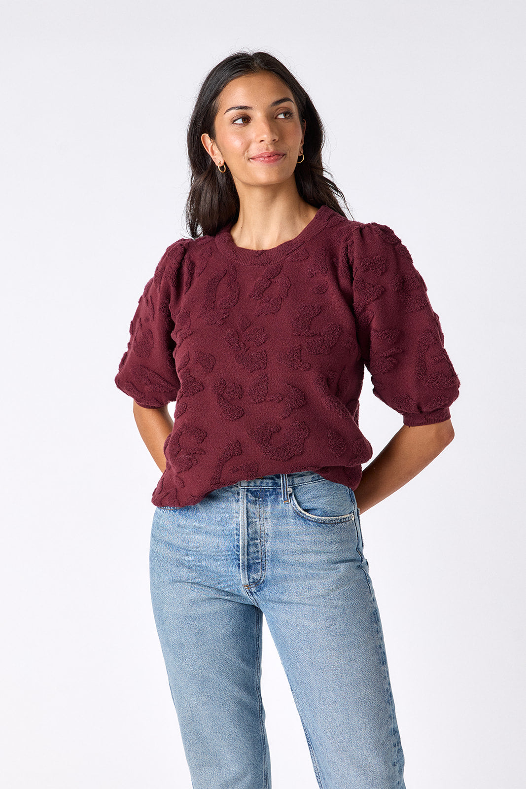 Syrah relaxed short sleeve sweater on model – CROSBY by Mollie Burch