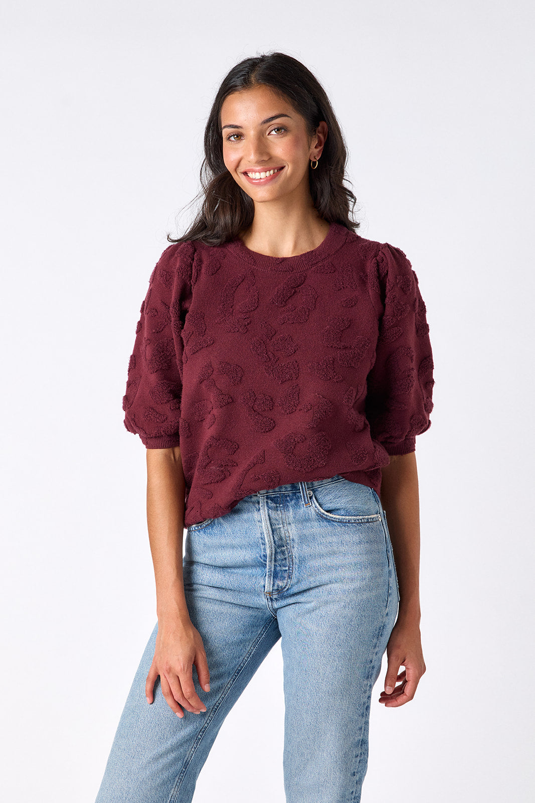 Syrah relaxed short sleeve sweater on model – CROSBY by Mollie Burch