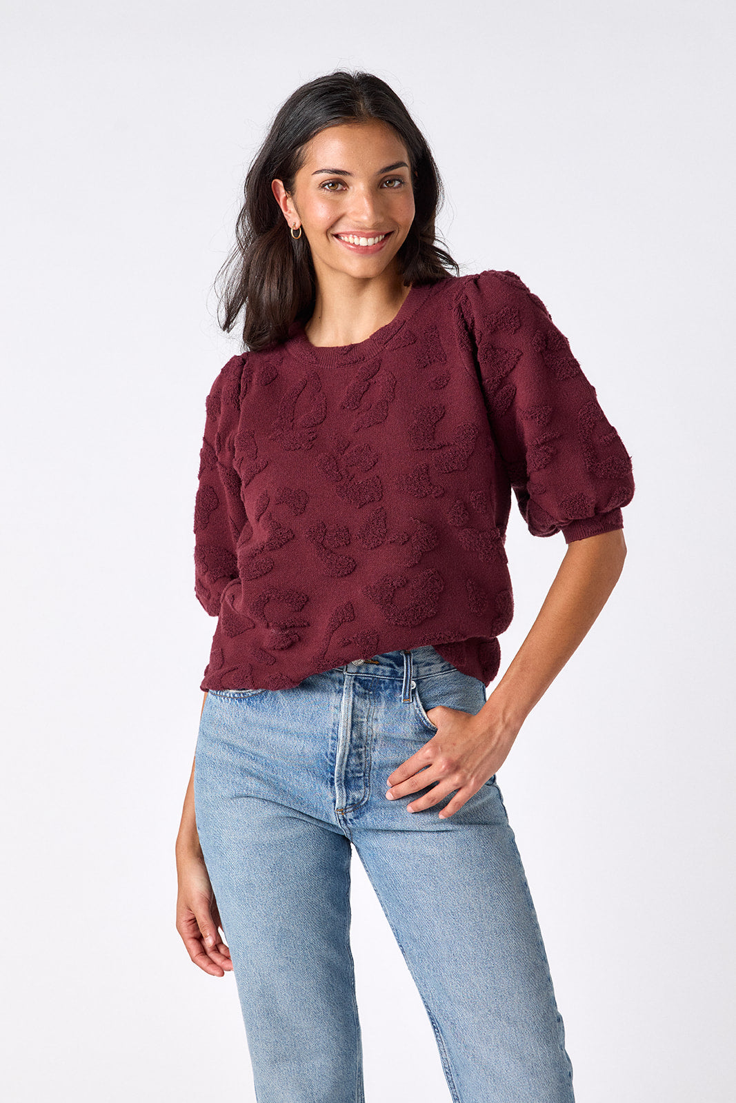 Syrah relaxed short sleeve sweater on model – CROSBY by Mollie Burch