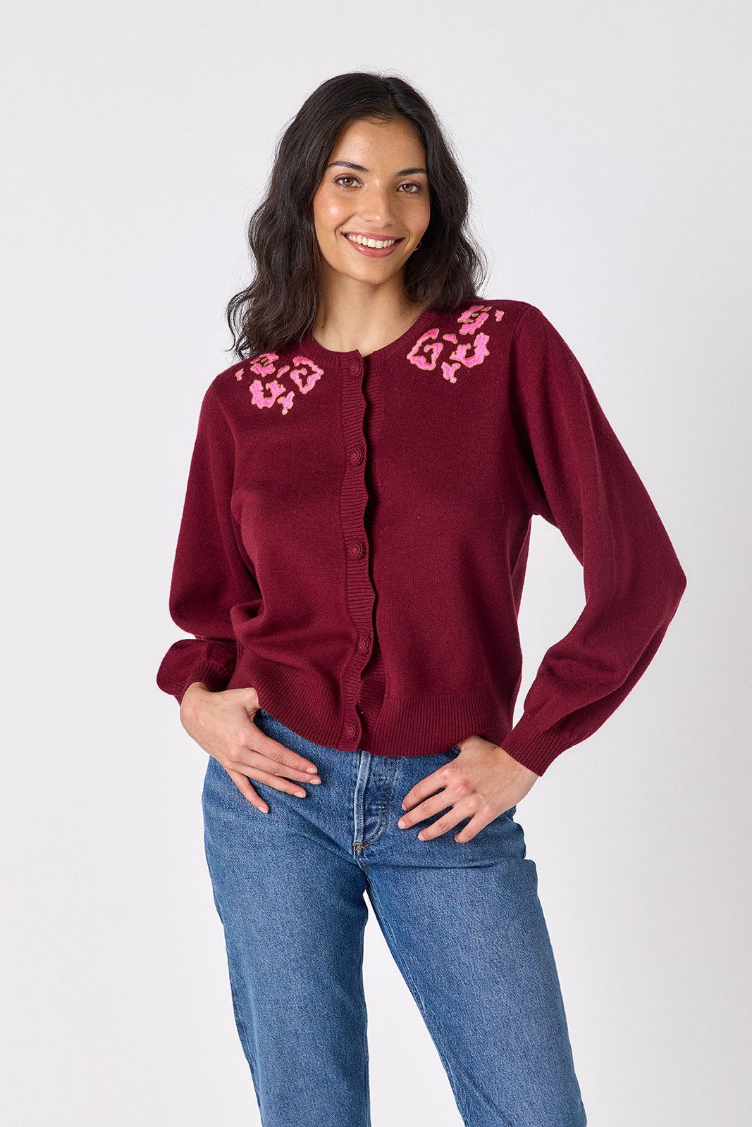 Syrah long sleeve cardigan sweater on model – CROSBY by Mollie Burch