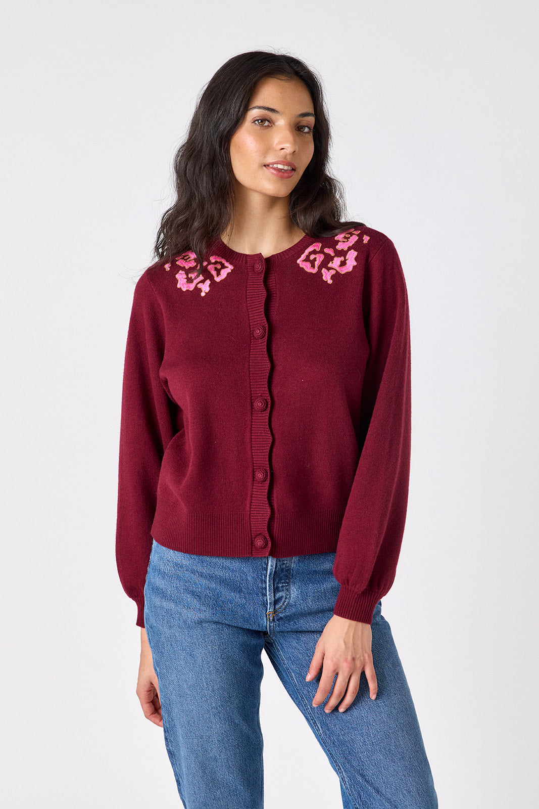 Syrah long sleeve cardigan sweater on model – CROSBY by Mollie Burch