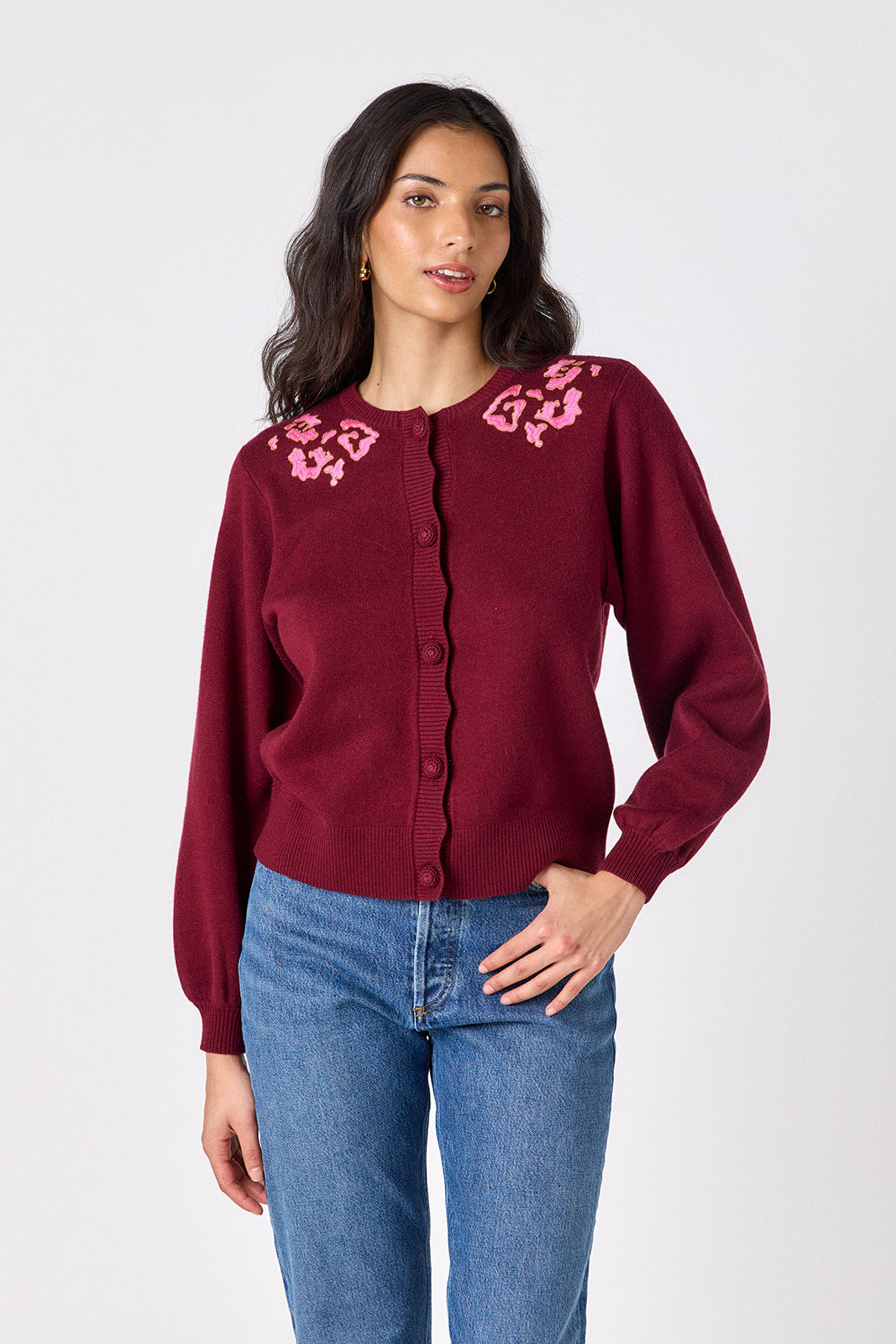 Syrah long sleeve cardigan sweater on model – CROSBY by Mollie Burch