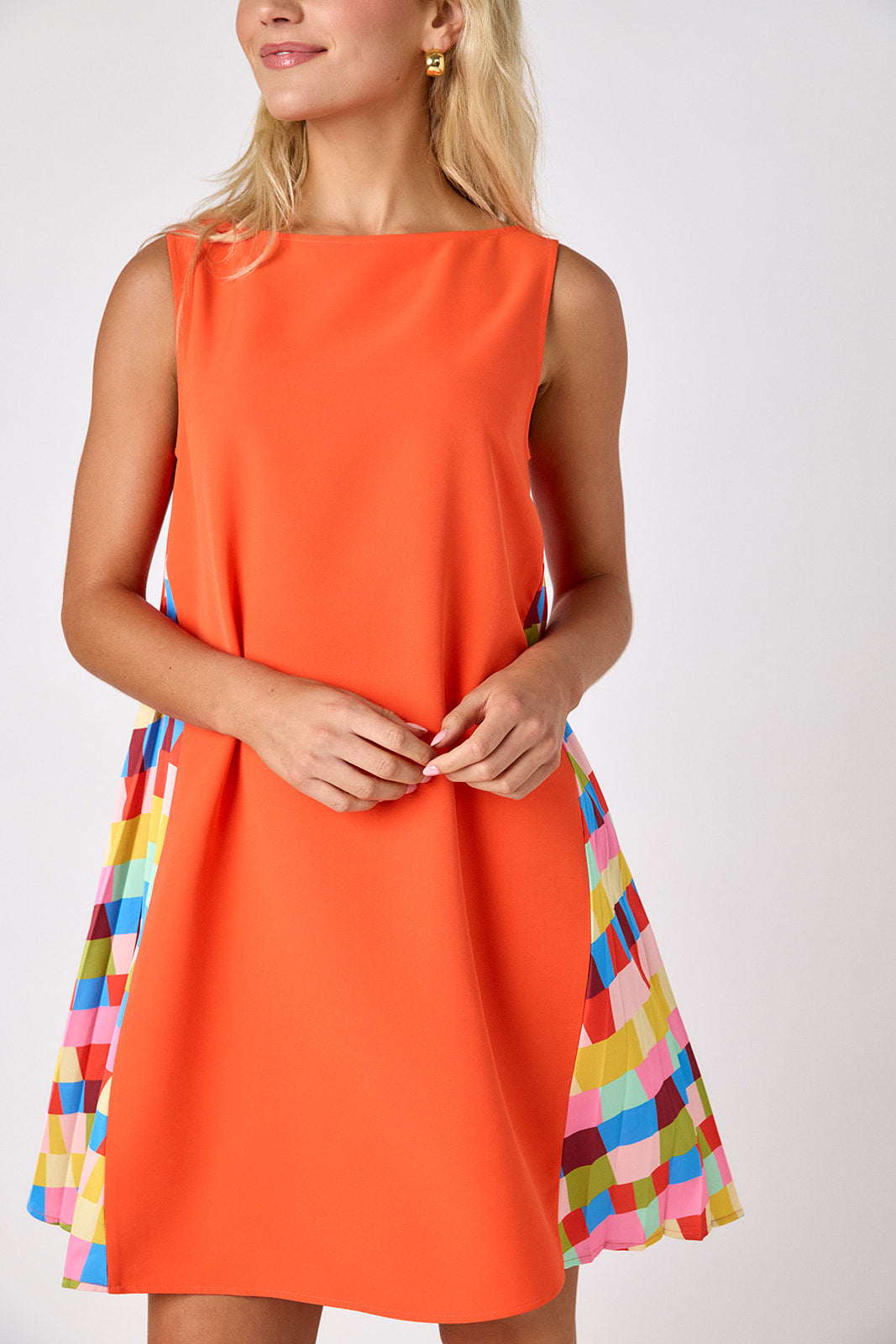 Prism tent style mini dress with side pleat detail on model — CROSBY by Mollie Burch