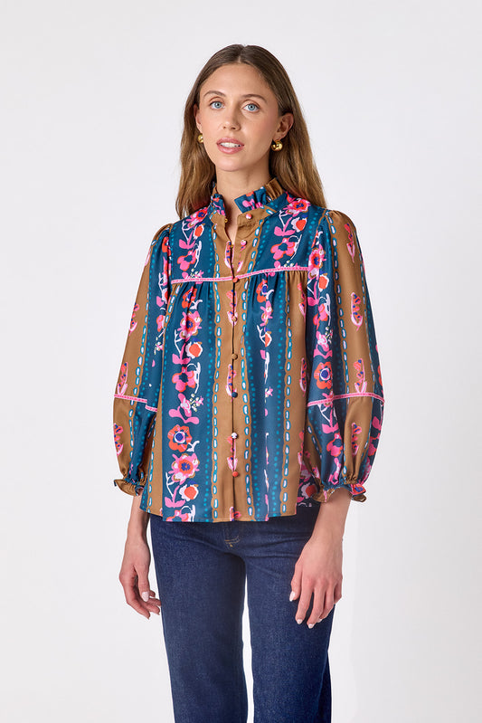 Tapestry Stripe flowy ¾ sleeve blouse on model – CROSBY by Mollie Burch
