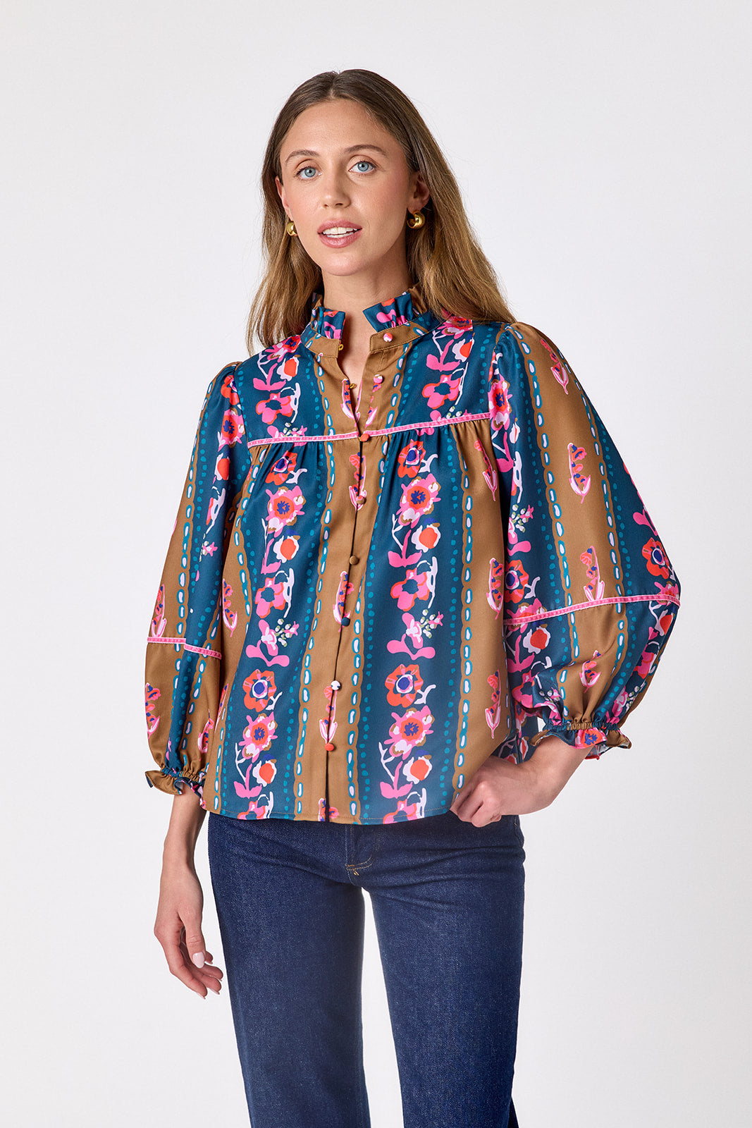 Tapestry Stripe flowy ¾ sleeve blouse on model – CROSBY by Mollie Burch