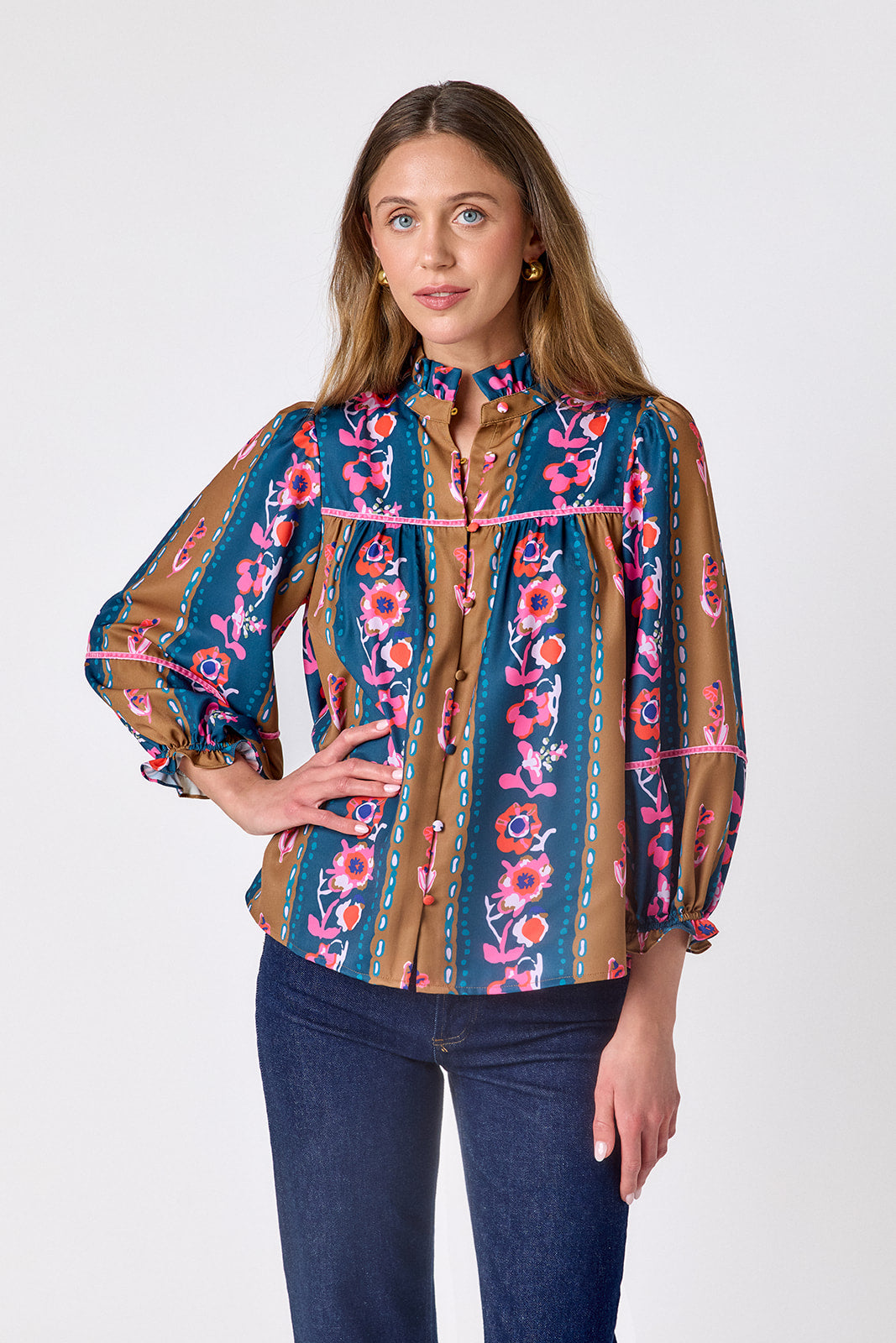 Tapestry Stripe flowy ¾ sleeve blouse on model – CROSBY by Mollie Burch