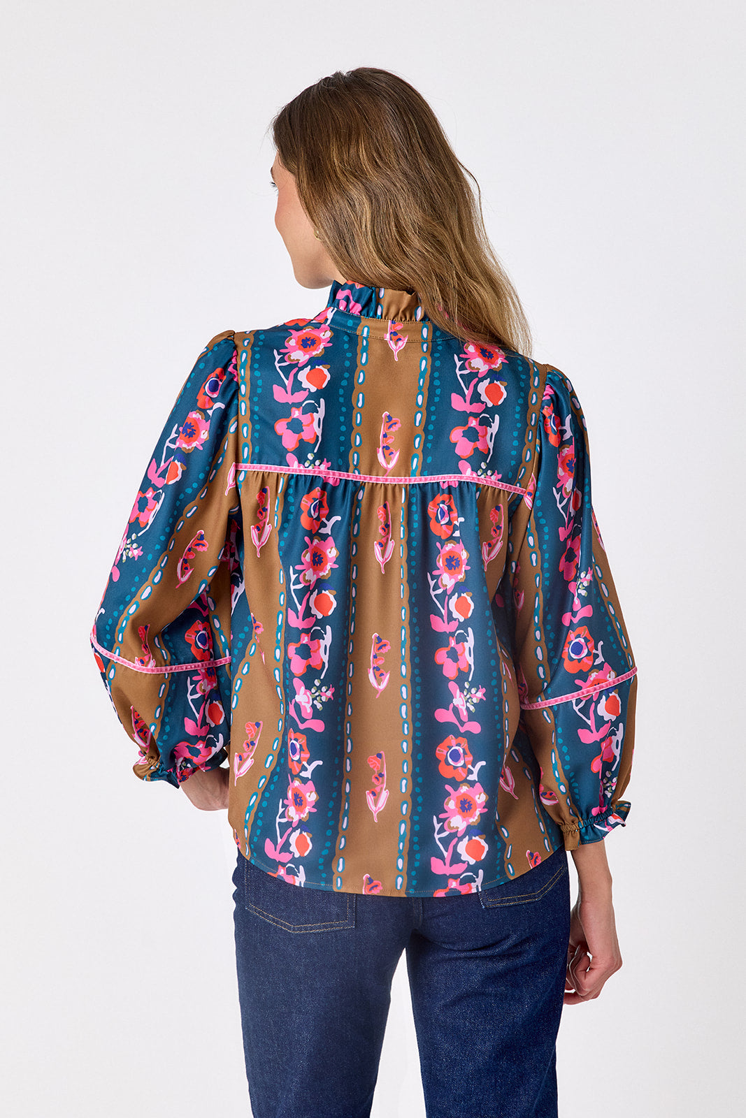 Tapestry Stripe flowy ¾ sleeve blouse on model – CROSBY by Mollie Burch