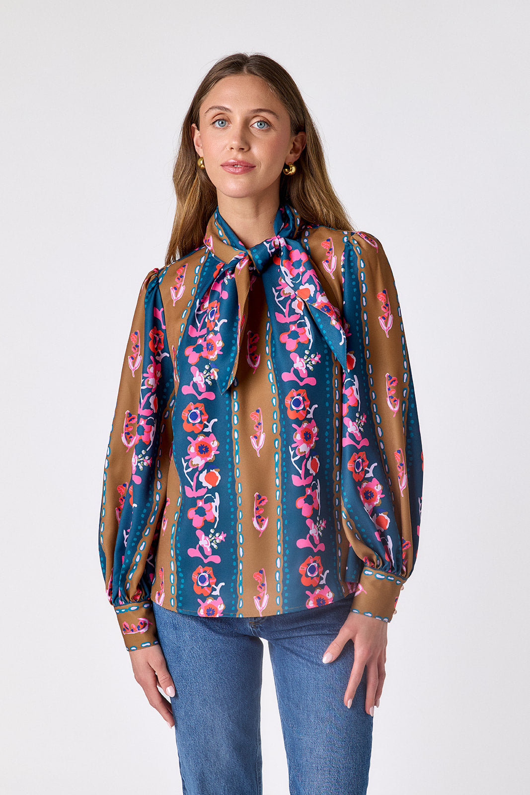 Tapestry Stripe flowy long-sleeve top with tie neck detail on model – CROSBY by Mollie Burch