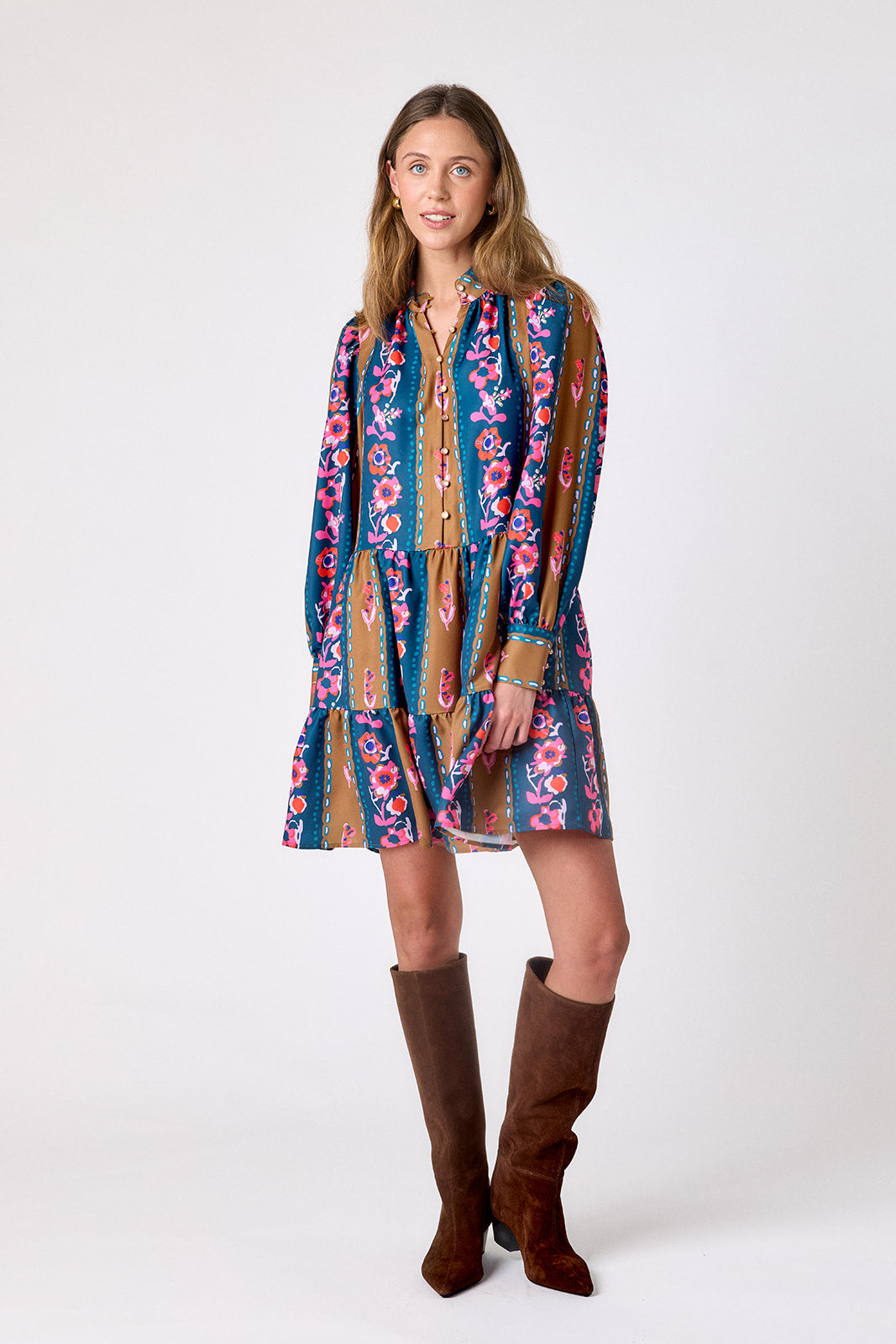 Tapestry Stripe tiered above-the-knee dress on model – CROSBY by Mollie Burch