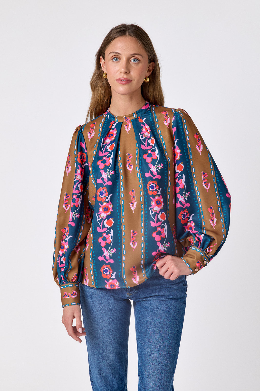 Tapestry Stripe flowy long-sleeve top with tie neck detail on model – CROSBY by Mollie Burch