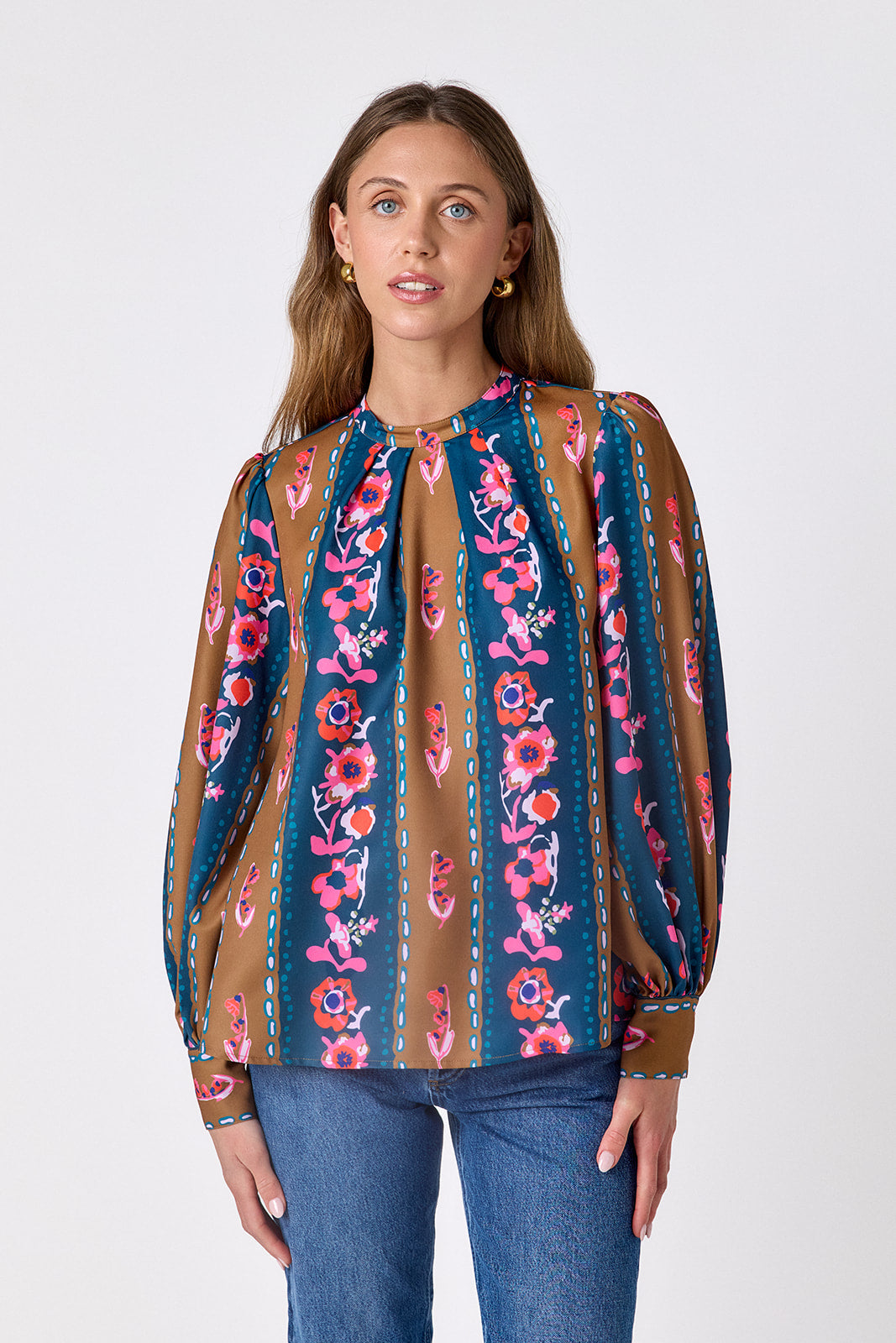 Tapestry Stripe flowy long-sleeve top with tie neck detail on model – CROSBY by Mollie Burch