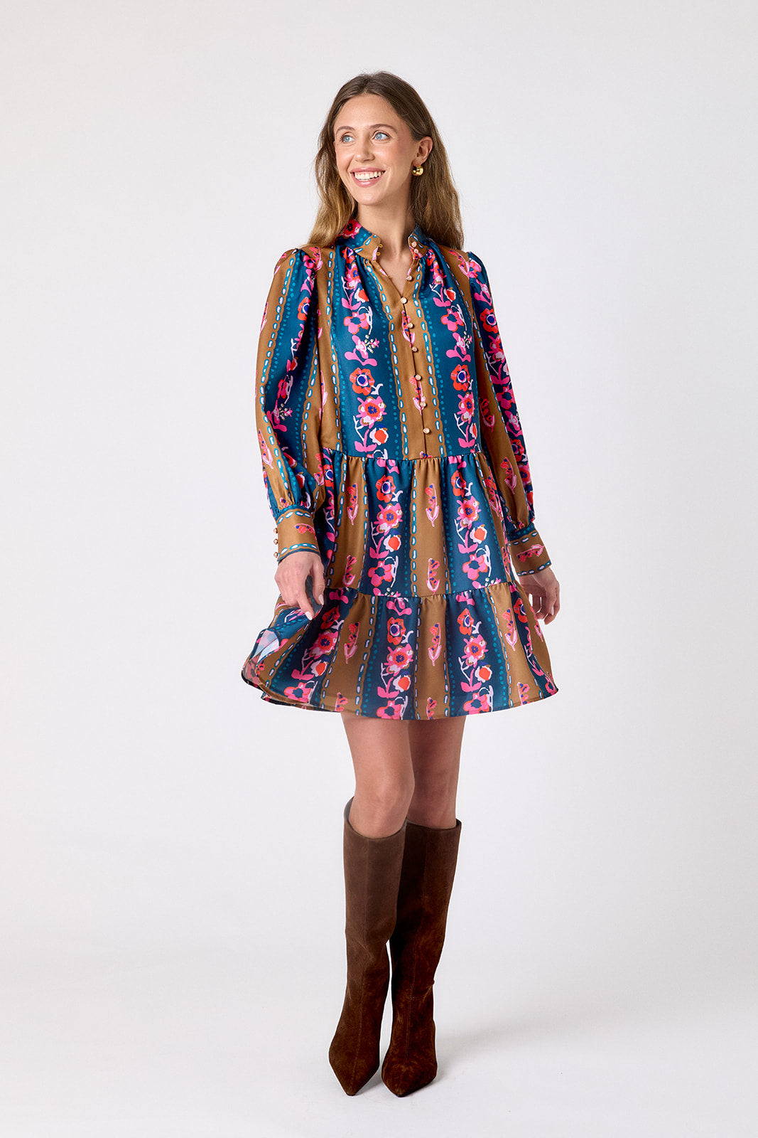 Tapestry Stripe tiered above-the-knee dress on model – CROSBY by Mollie Burch