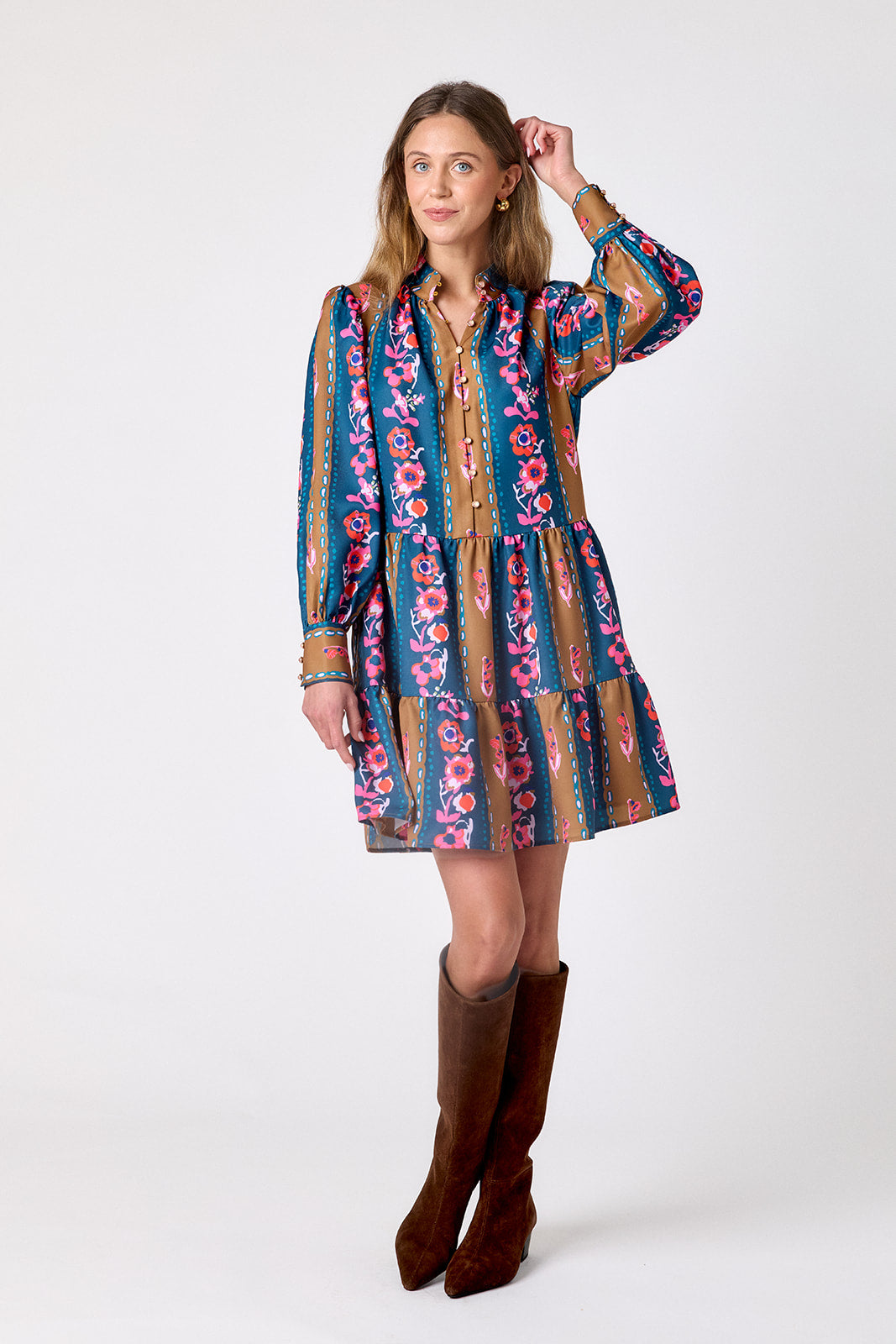Tapestry Stripe tiered above-the-knee dress on model – CROSBY by Mollie Burch