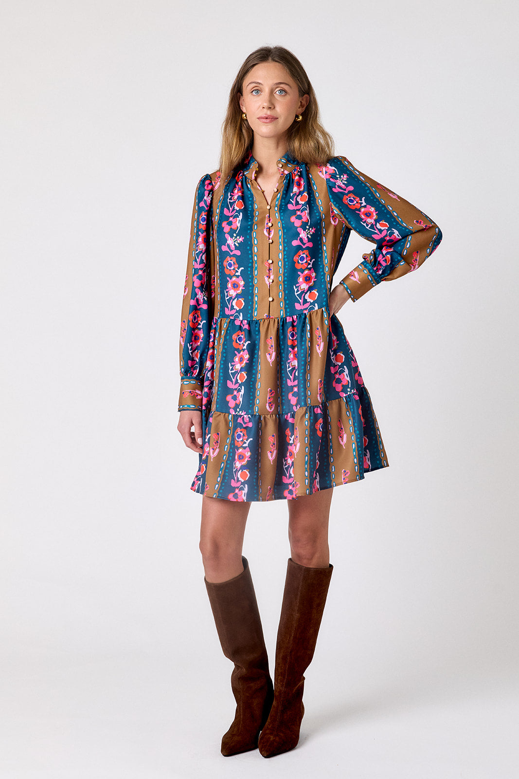 Tapestry Stripe tiered above-the-knee dress on model – CROSBY by Mollie Burch