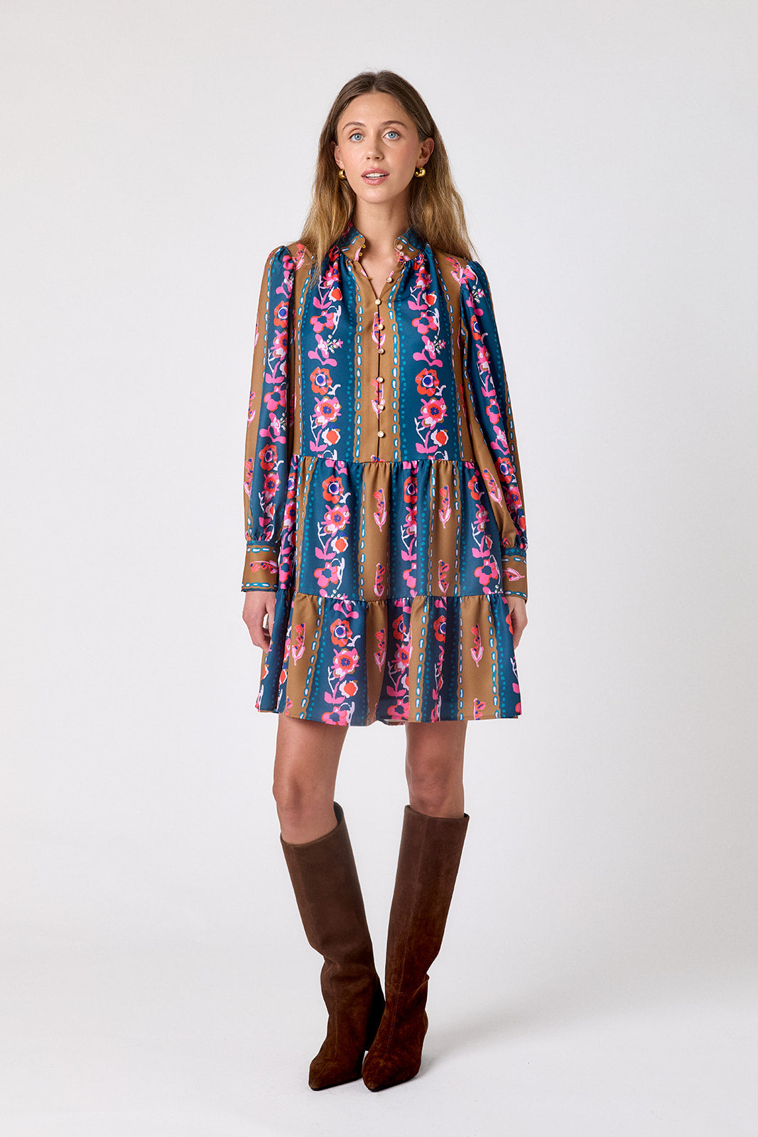 Tapestry Stripe tiered above-the-knee dress on model – CROSBY by Mollie Burch