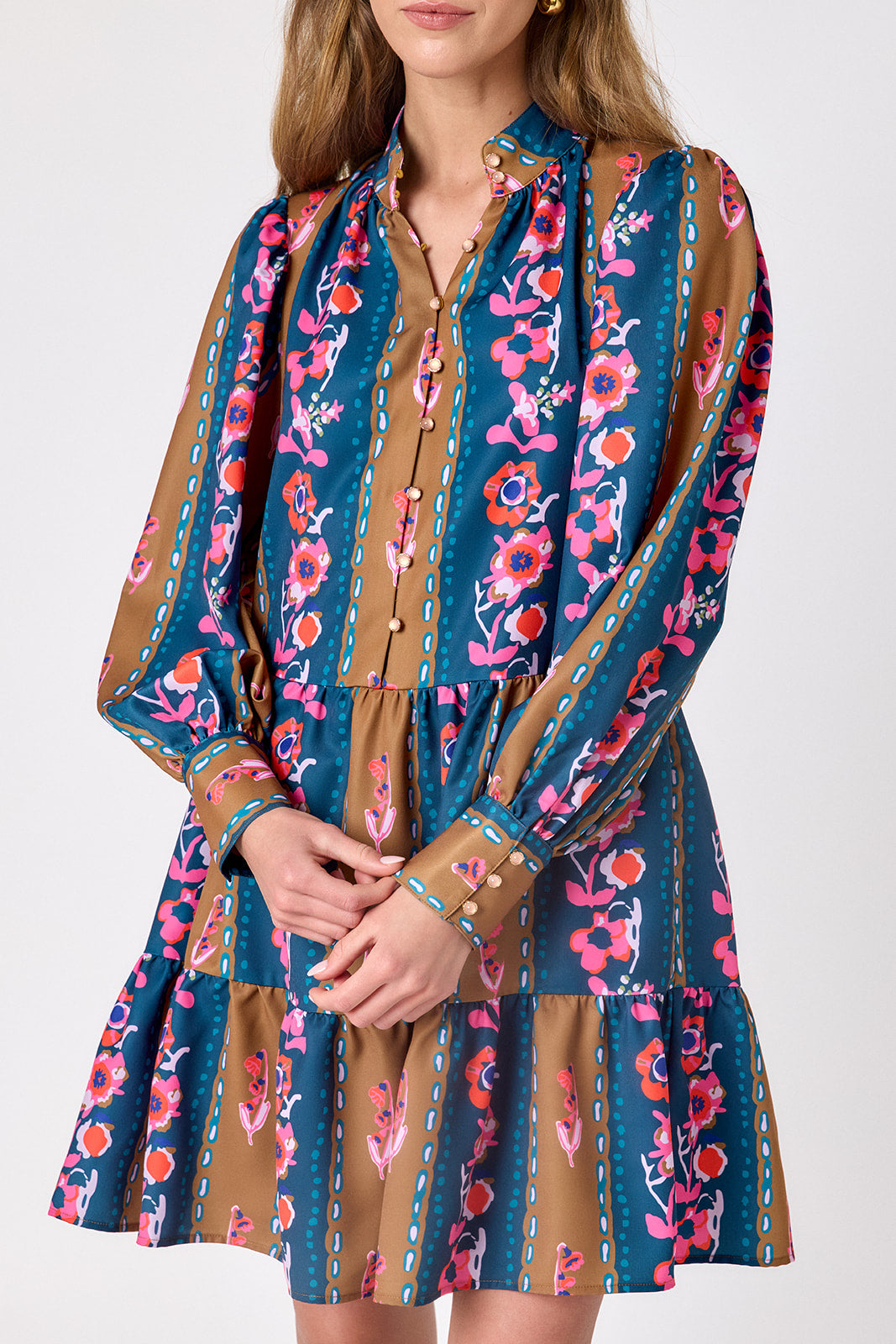 Tapestry Stripe tiered above-the-knee dress on model – CROSBY by Mollie Burch