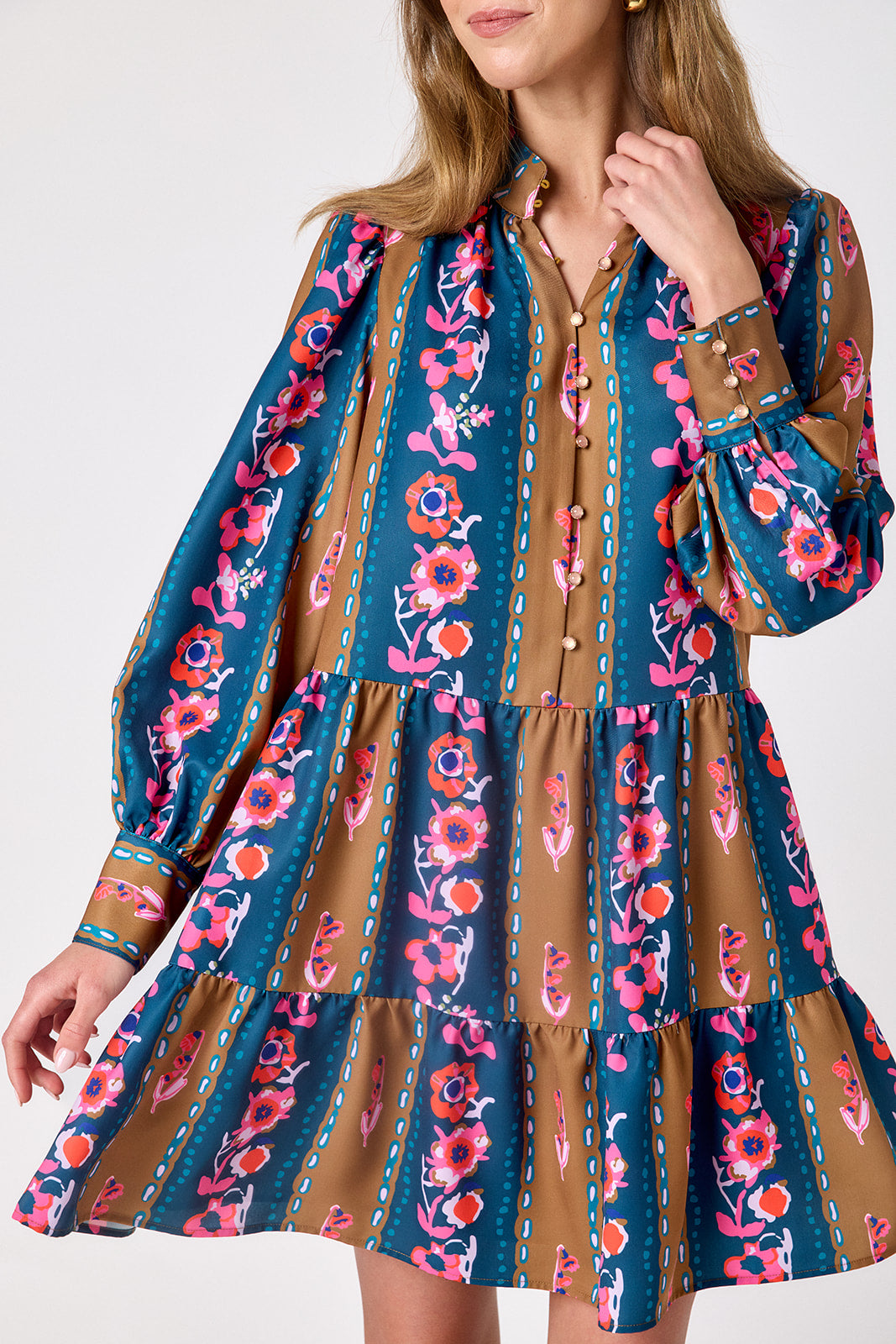 Tapestry Stripe tiered above-the-knee dress on model – CROSBY by Mollie Burch