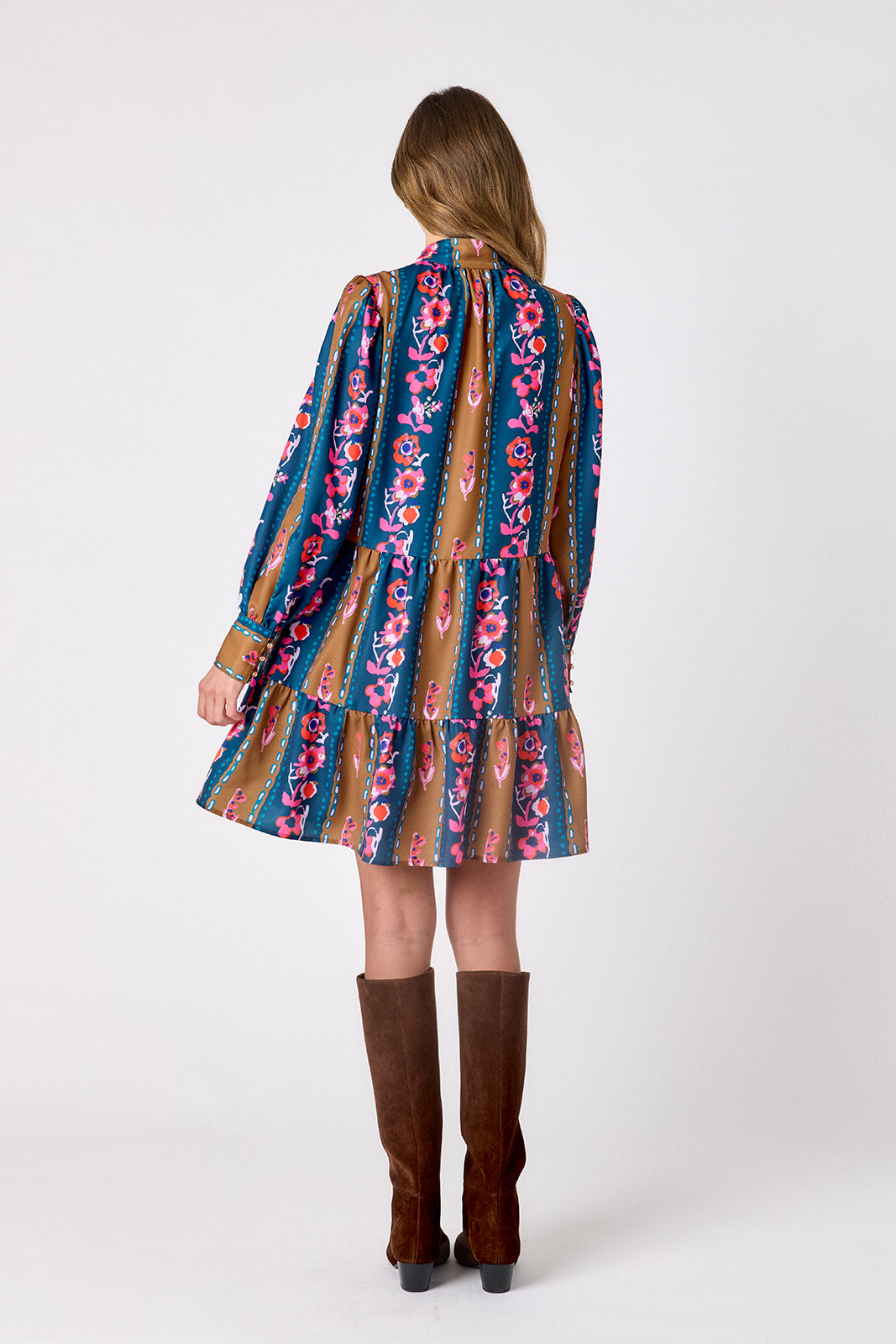 Tapestry Stripe tiered above-the-knee dress on model – CROSBY by Mollie Burch