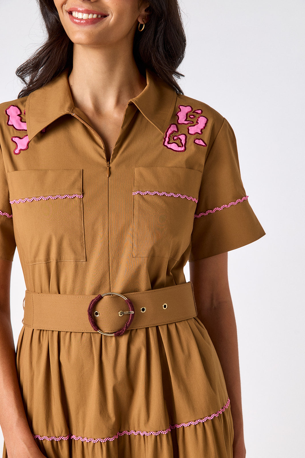 Teak short sleeve collared dress with belt on model – CROSBY by Mollie Burch