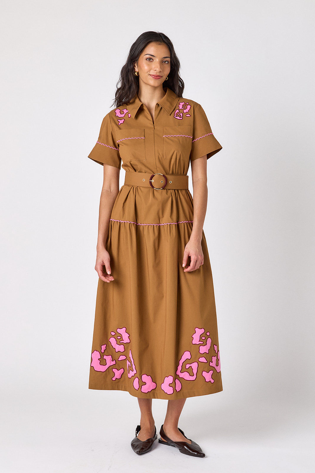 Teak short sleeve collared dress with belt on model – CROSBY by Mollie Burch