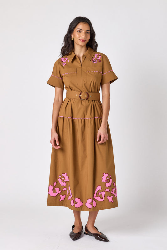Teak short sleeve collared dress with belt on model – CROSBY by Mollie Burch