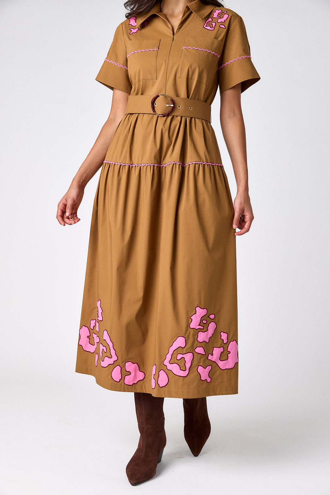 Teak short sleeve collared dress with belt on model – CROSBY by Mollie Burch