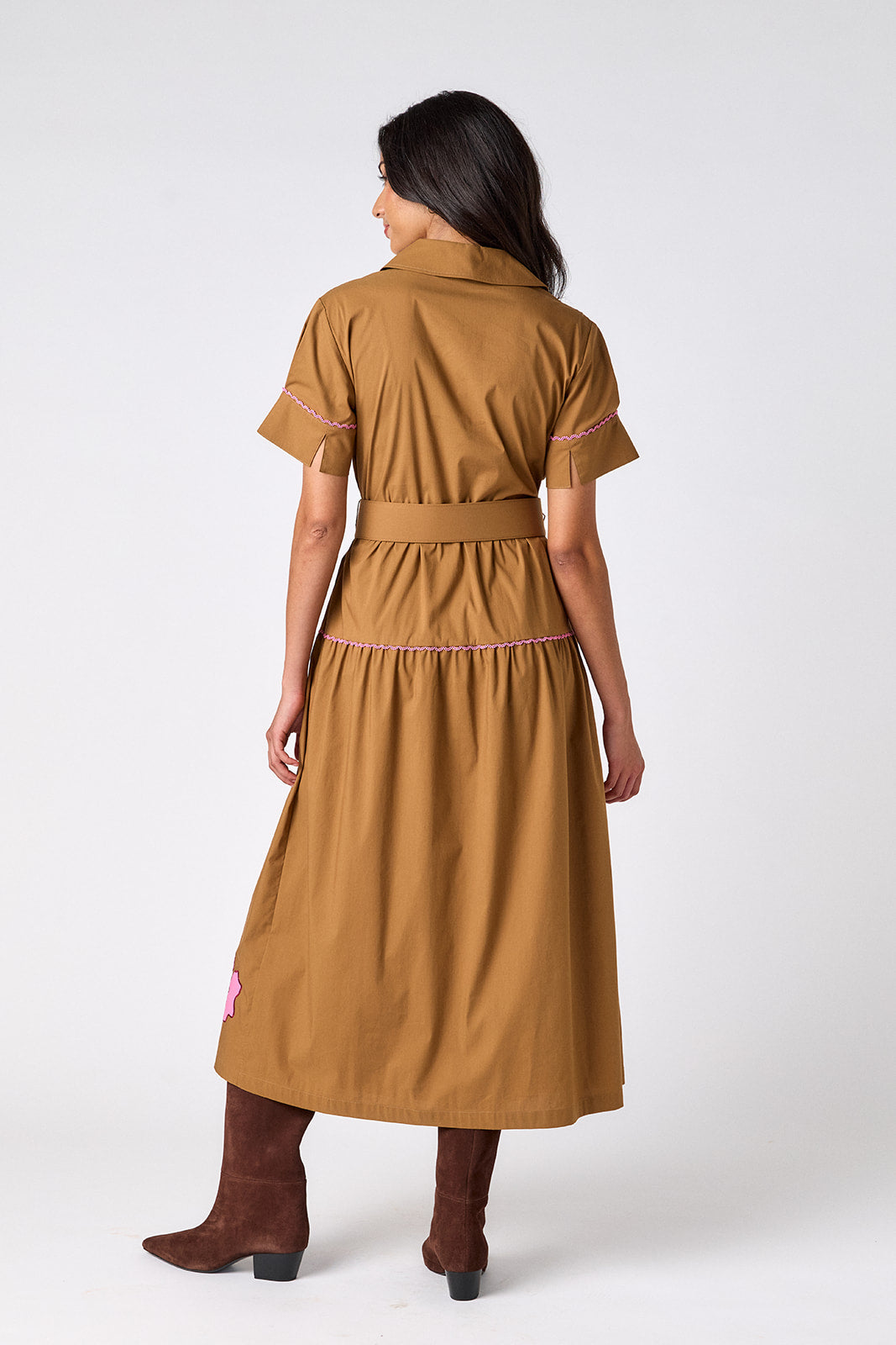Teak short sleeve collared dress with belt on model – CROSBY by Mollie Burch