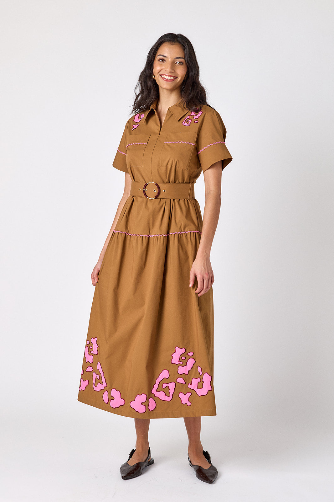 Teak short sleeve collared dress with belt on model – CROSBY by Mollie Burch