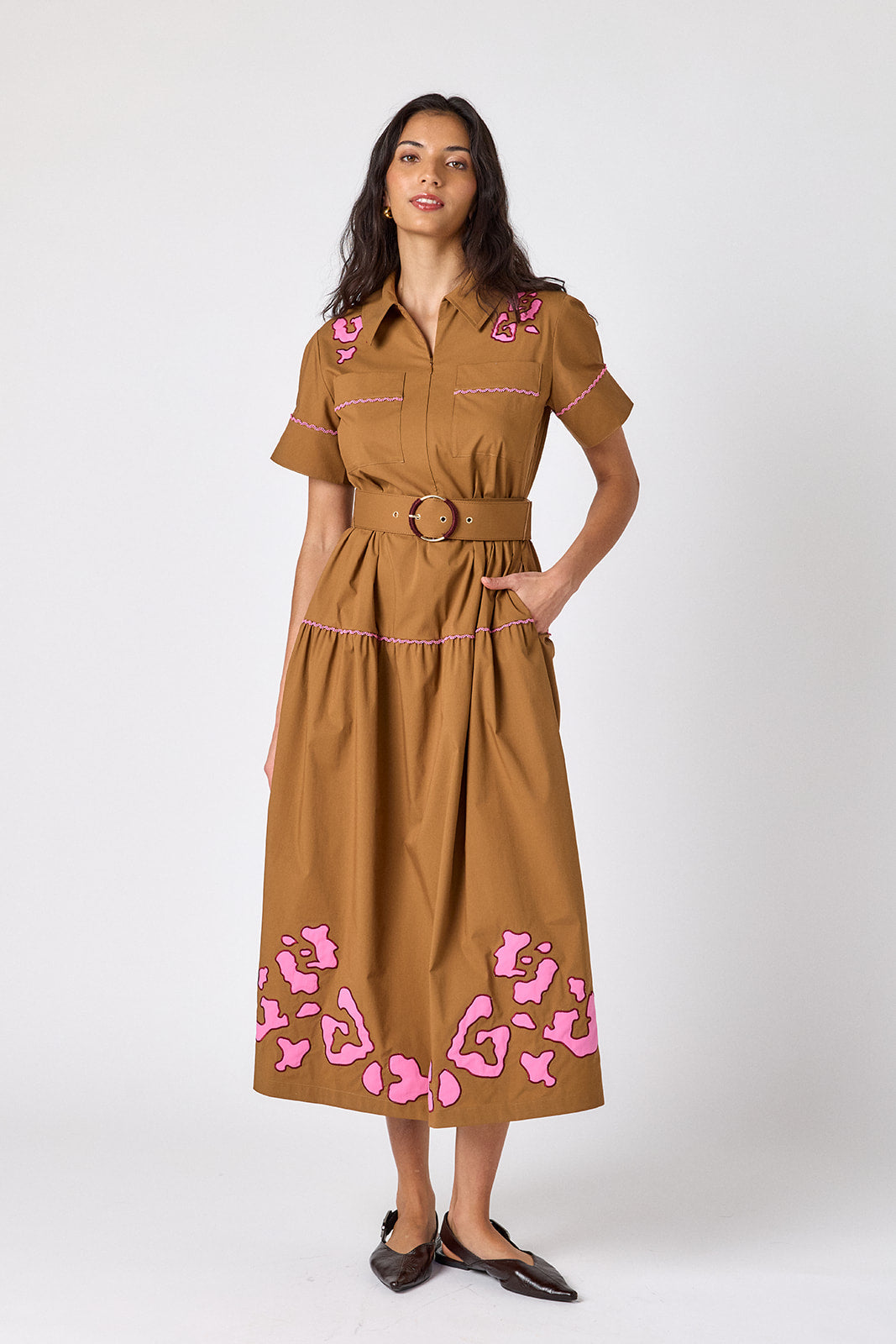 Teak short sleeve collared dress with belt on model – CROSBY by Mollie Burch