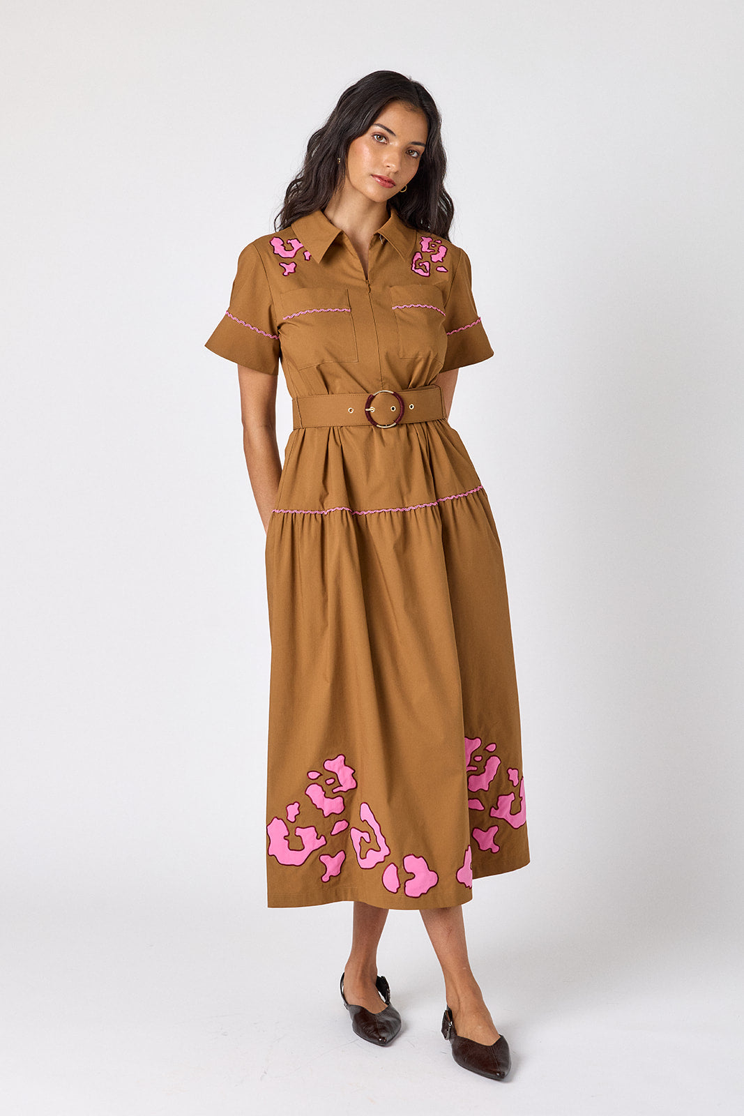 Teak short sleeve collared dress with belt on model – CROSBY by Mollie Burch
