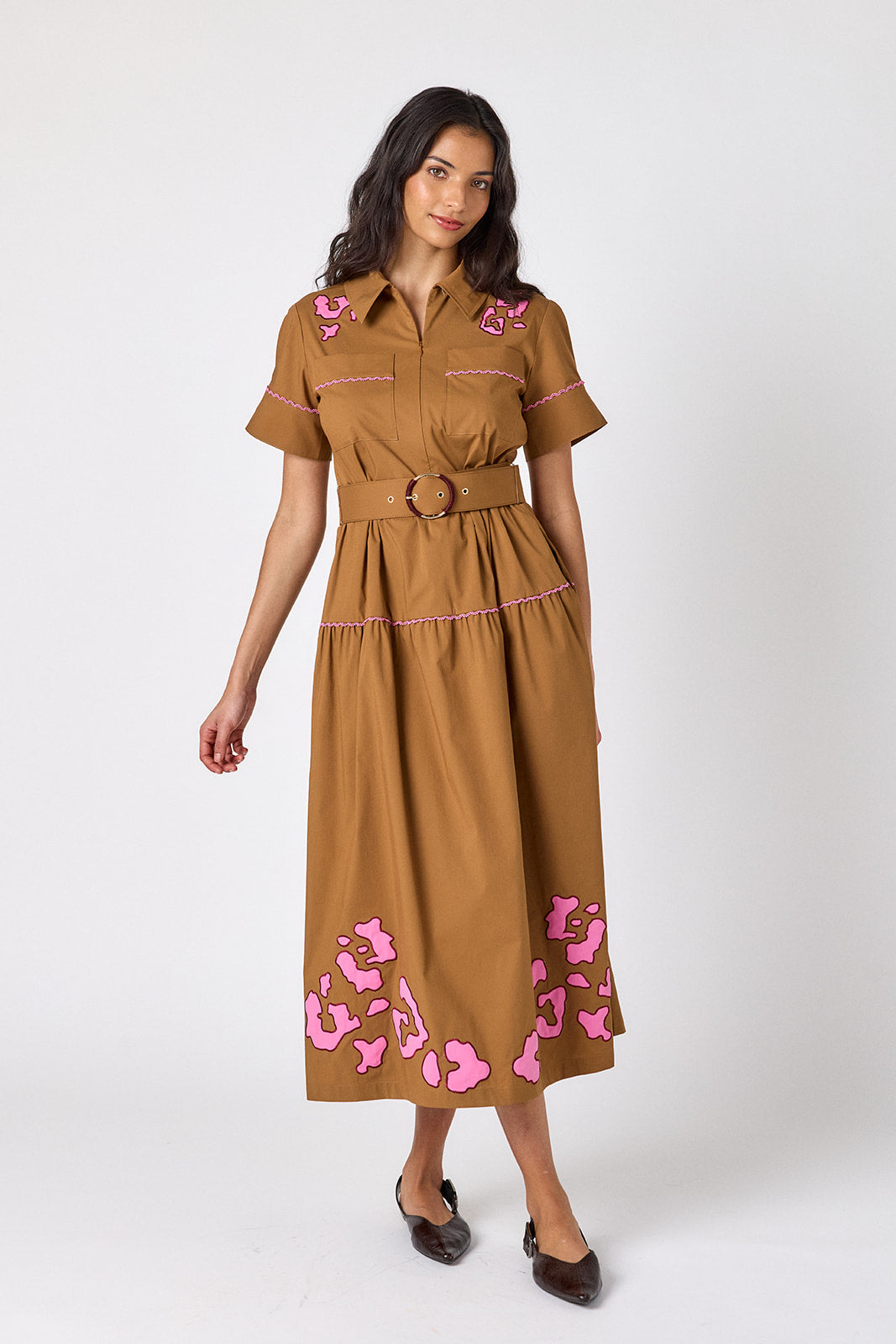 Teak short sleeve collared dress with belt on model – CROSBY by Mollie Burch