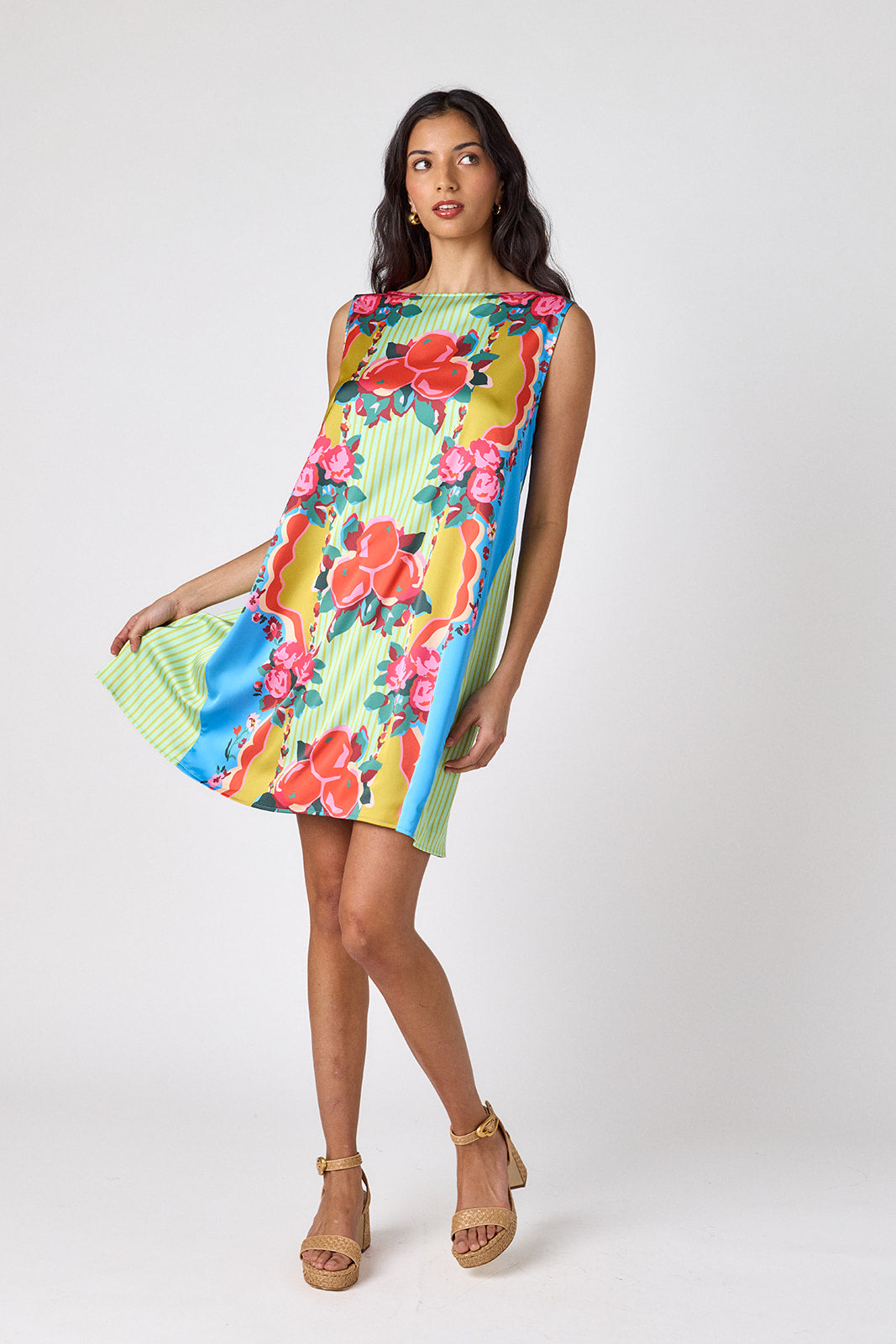 The Grove tent style mini dress on model — CROSBY by Mollie Burch