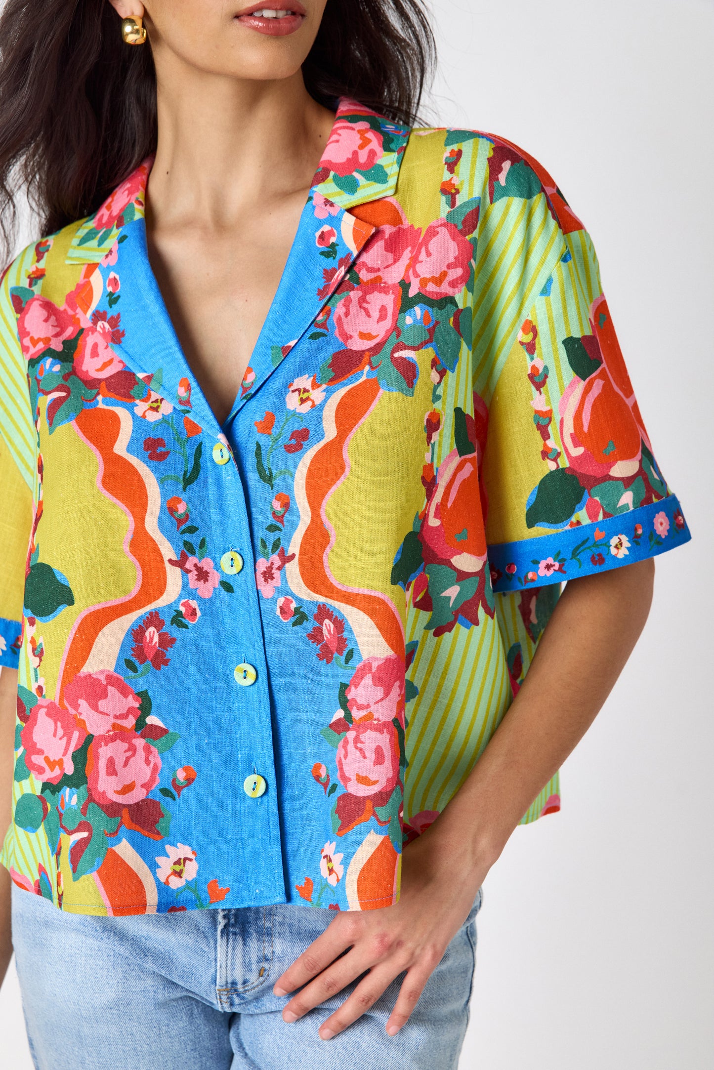 The Grove short sleeve collared buttondown on model — CROSBY by Mollie Burch