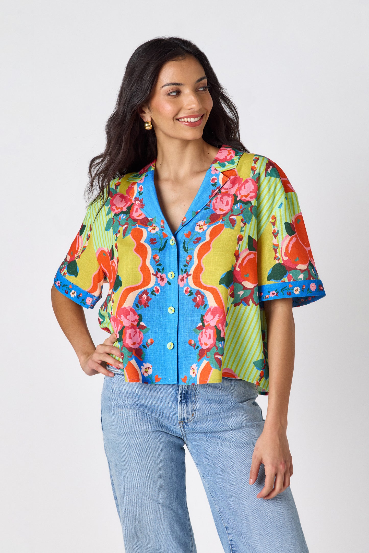 The Grove short sleeve collared buttondown on model — CROSBY by Mollie Burch