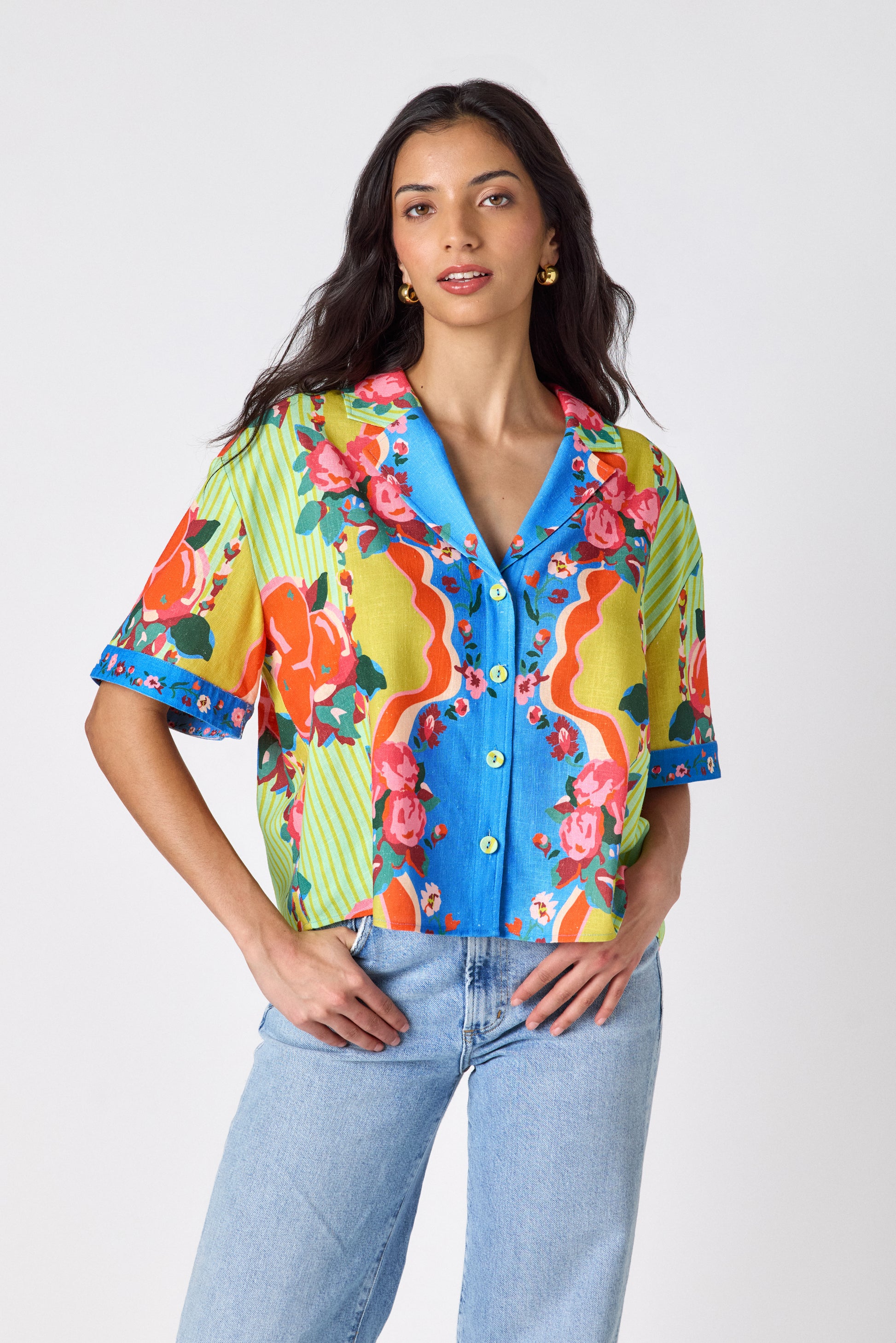 The Grove short sleeve collared buttondown on model — CROSBY by Mollie Burch