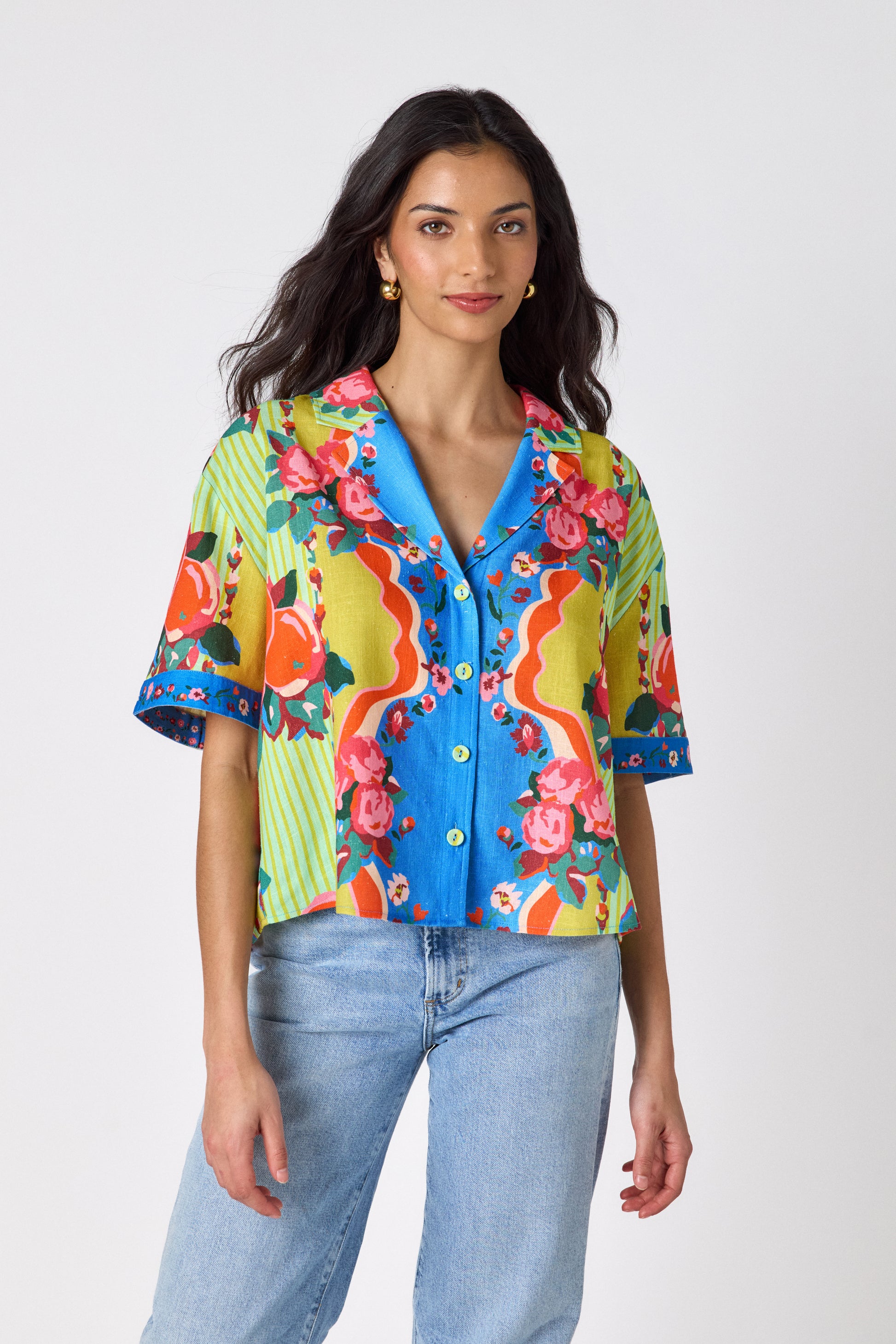 The Grove short sleeve collared buttondown on model — CROSBY by Mollie Burch