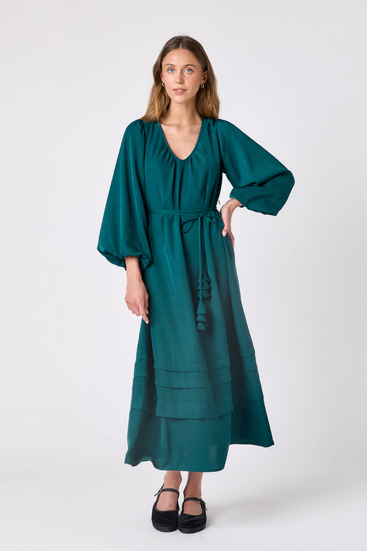 Verdigris swingy maxi dress on model – CROSBY by Mollie Burch