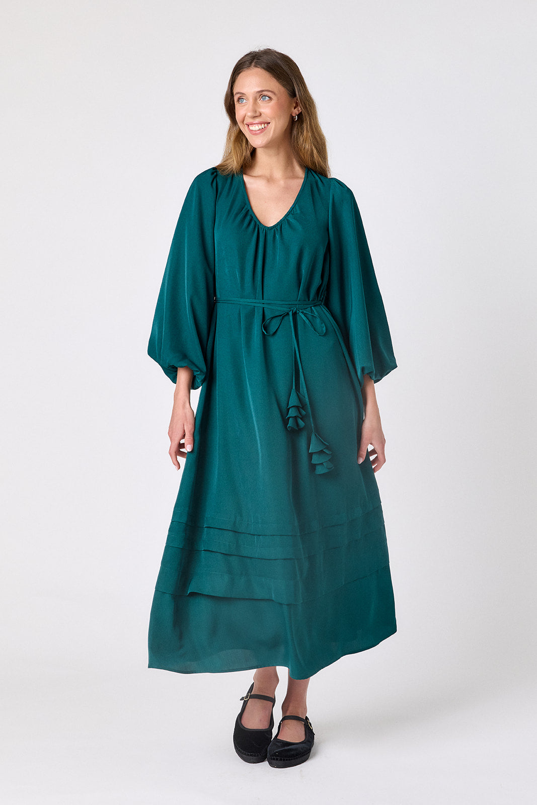 Verdigris swingy maxi dress on model – CROSBY by Mollie Burch