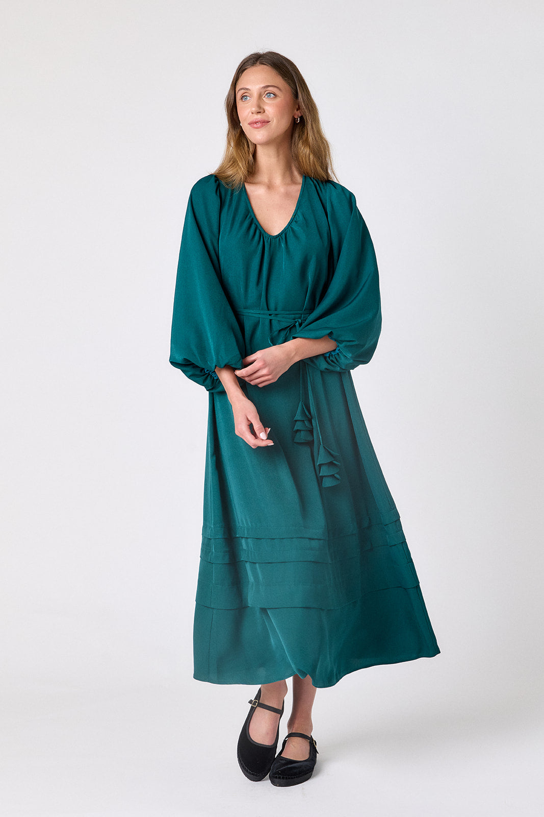 Verdigris swingy maxi dress on model – CROSBY by Mollie Burch