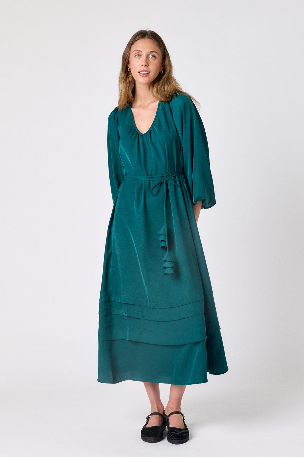 Verdigris swingy maxi dress on model – CROSBY by Mollie Burch