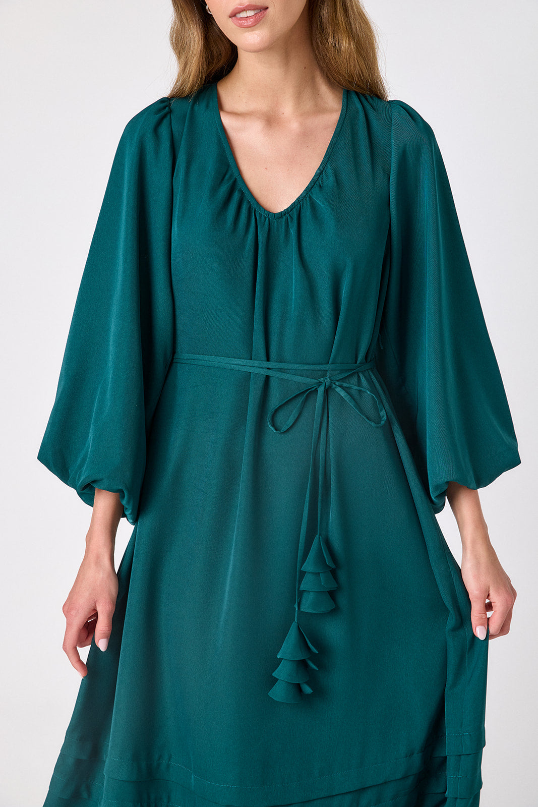 Verdigris swingy maxi dress on model – CROSBY by Mollie Burch