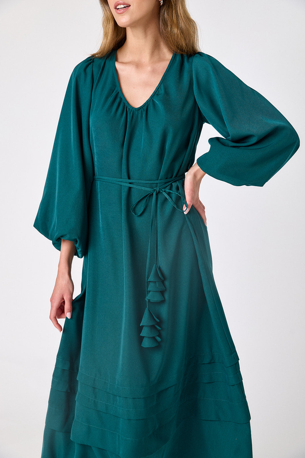 Verdigris swingy maxi dress on model – CROSBY by Mollie Burch