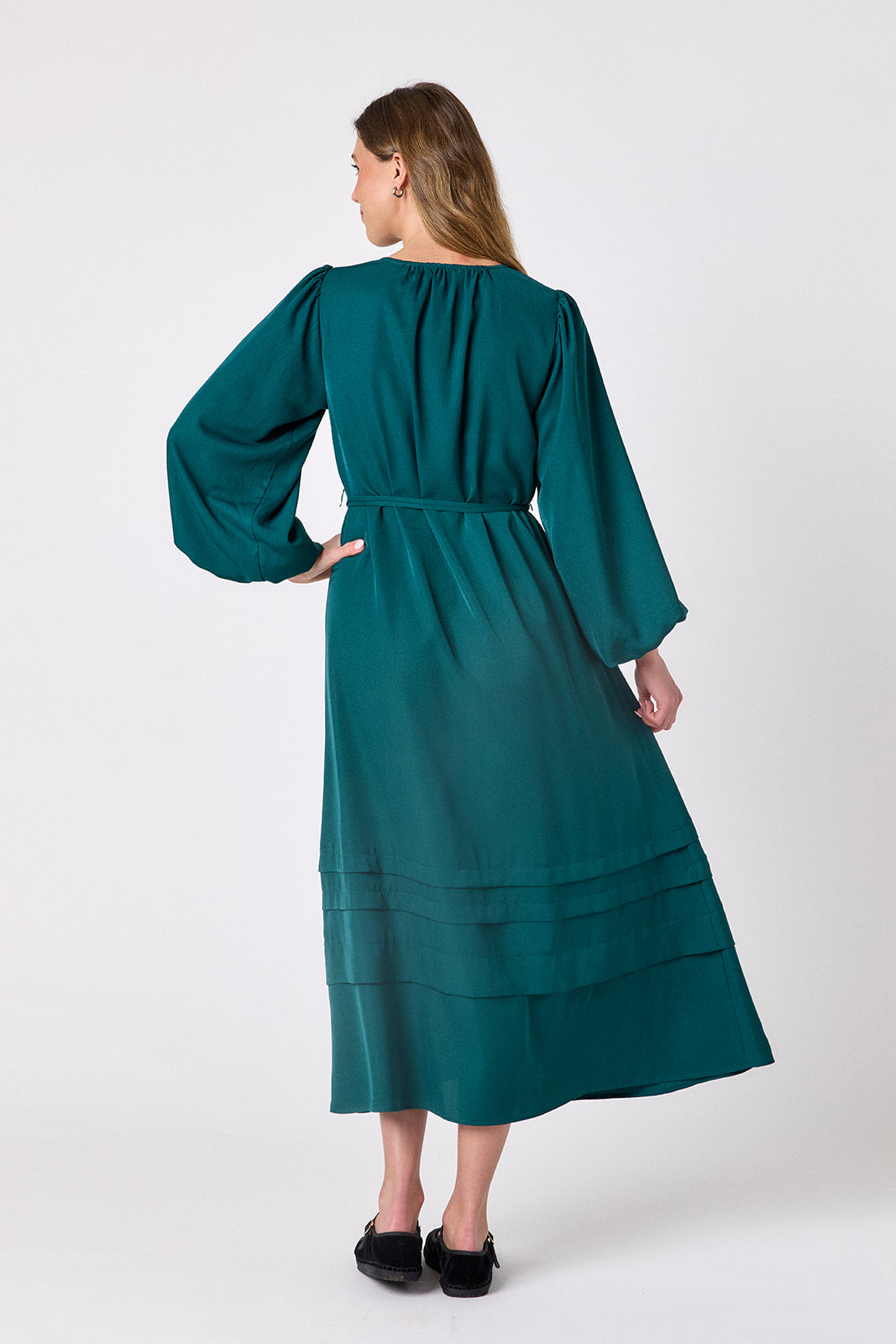 Verdigris swingy maxi dress on model – CROSBY by Mollie Burch