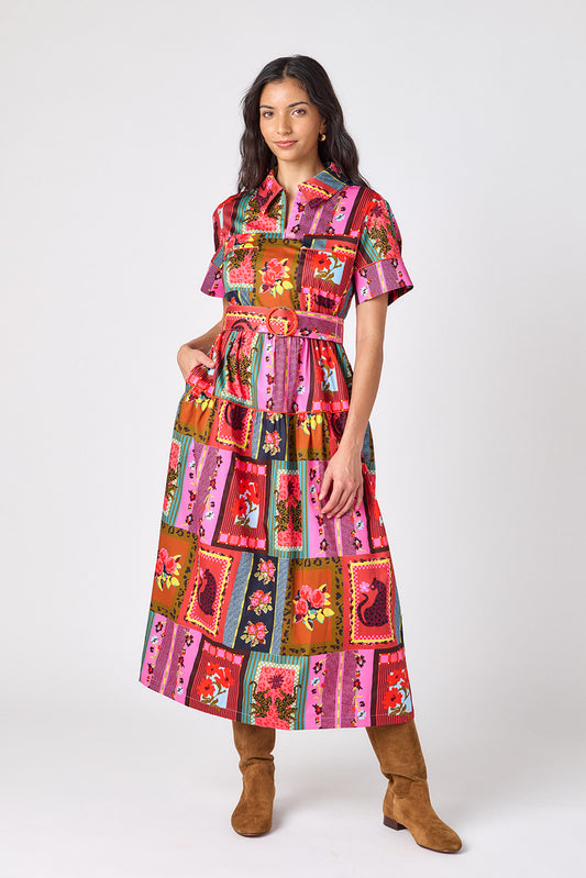 Vintage Vignette short sleeve collared dress with belt on model – CROSBY by Mollie Burch
