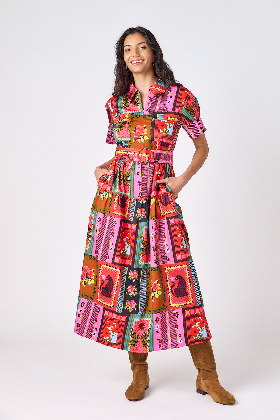 Vintage Vignette short sleeve collared dress with belt on model – CROSBY by Mollie Burch