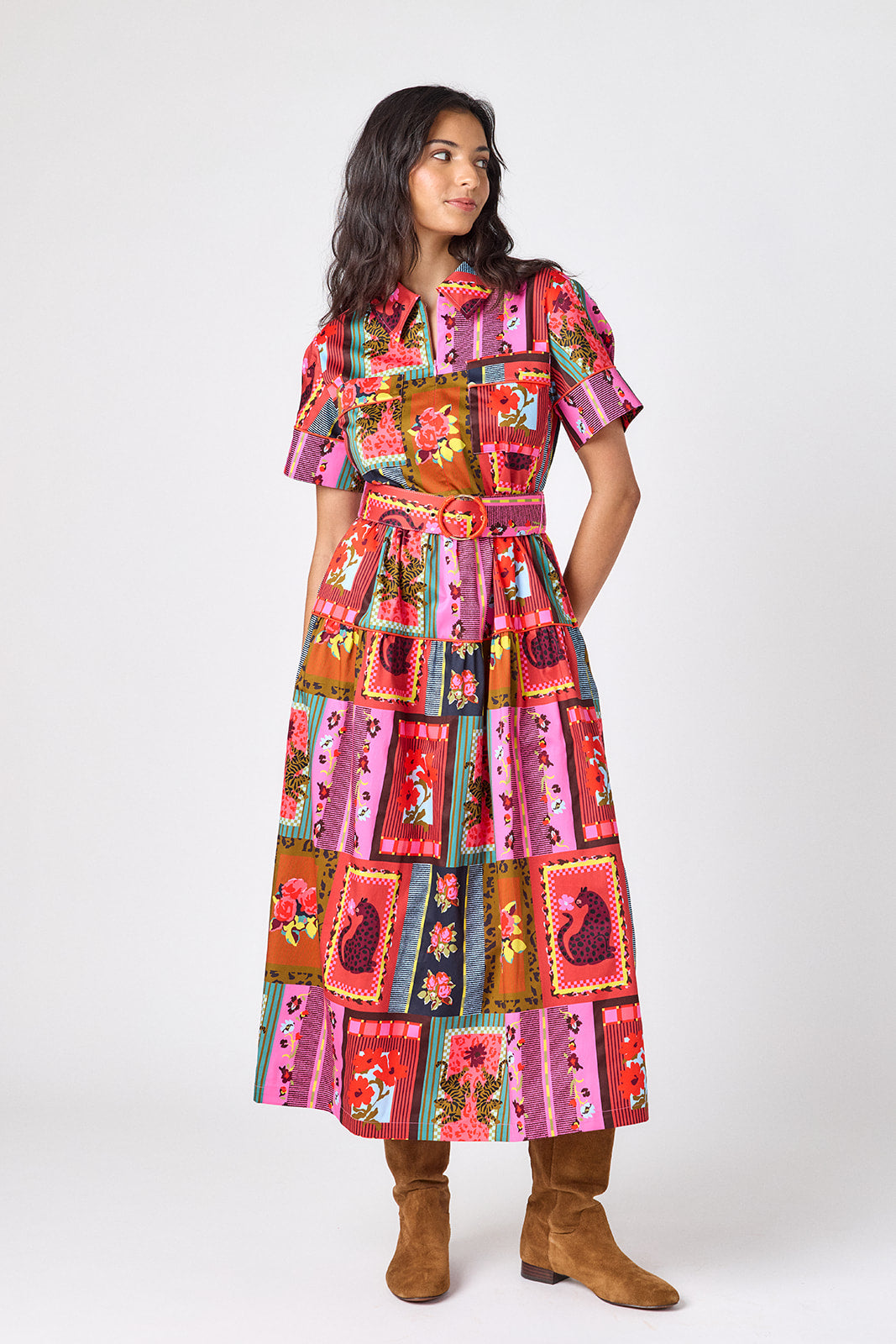 Vintage Vignette short sleeve collared dress with belt on model – CROSBY by Mollie Burch